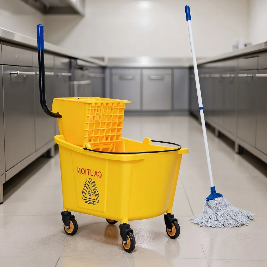 31 Quart Mop Bucket Side Press Wringer on Wheels with Panel, Side Press Wringer Combo Commercial Cleaning Caddy Plastic