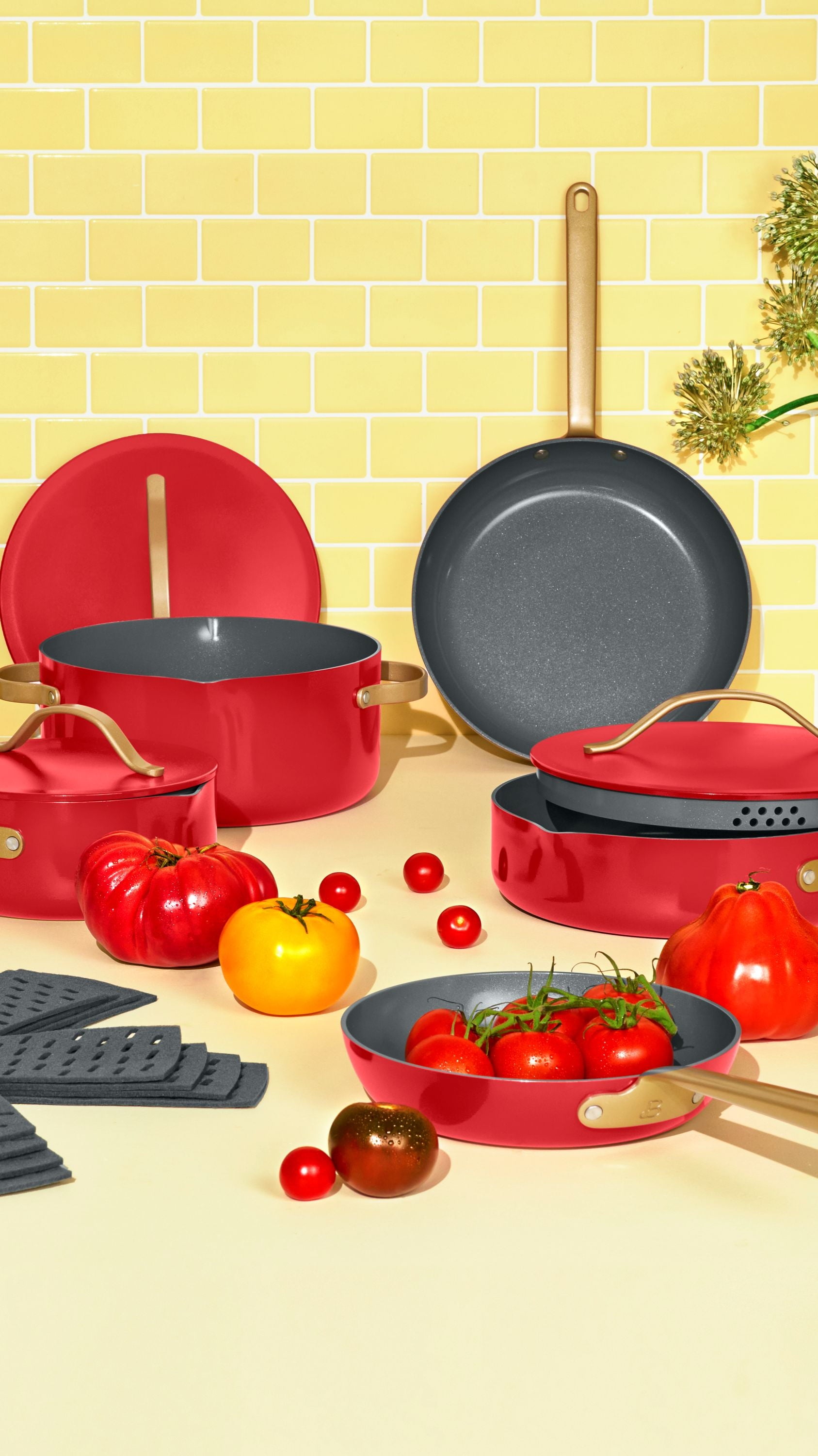 12-Piece Ceramic Nonstick Cookware Set with Strainer Lids in Tomato Red by Drew Barrymore