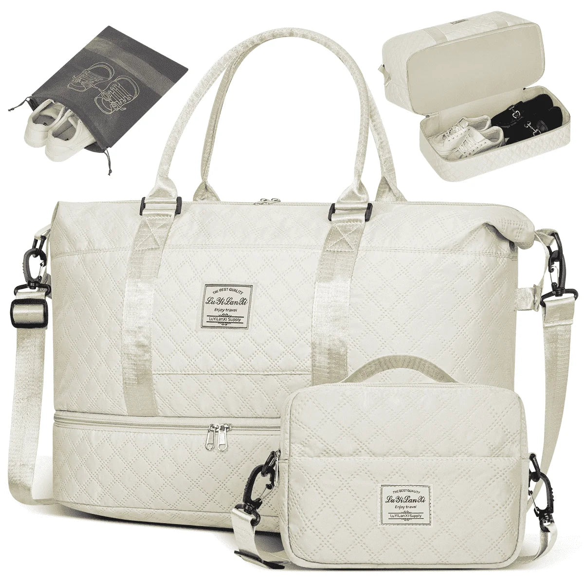 40L Weekender Duffel Bag with Shoes Compartment, Includes Toiletry and Shoes Bags, Women's Gym Bag with Wet Pocket, Ideal for Travel and Weekend Getaways, White