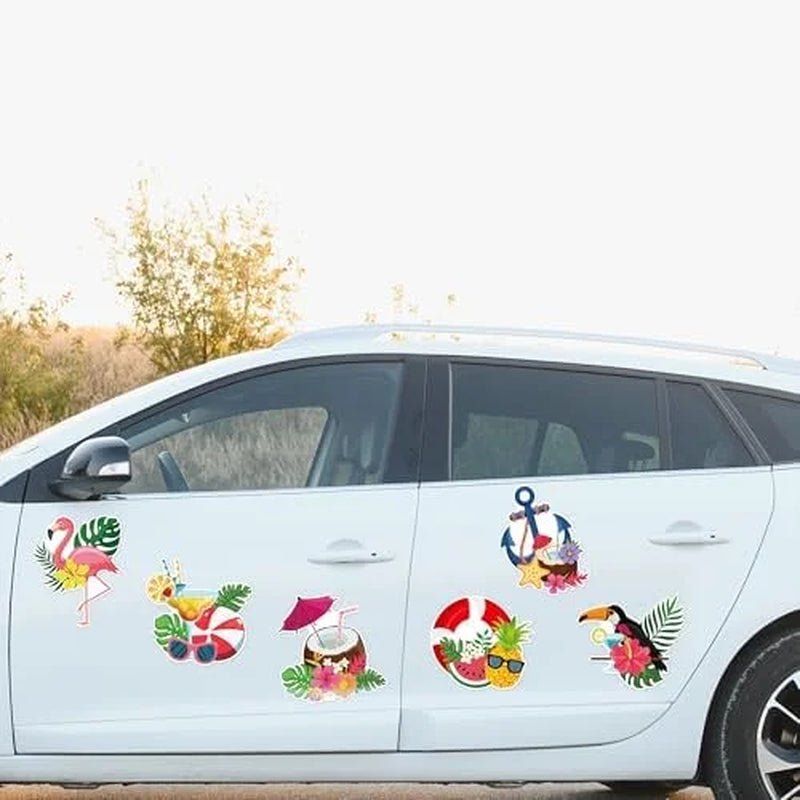 Tropical Hawaii Cruise Magnetic Door Decorations - Set of 7 Summer Beach Fridge Magnets Featuring Flamingo and Coconut Drink Designs for Carnival Party Decor