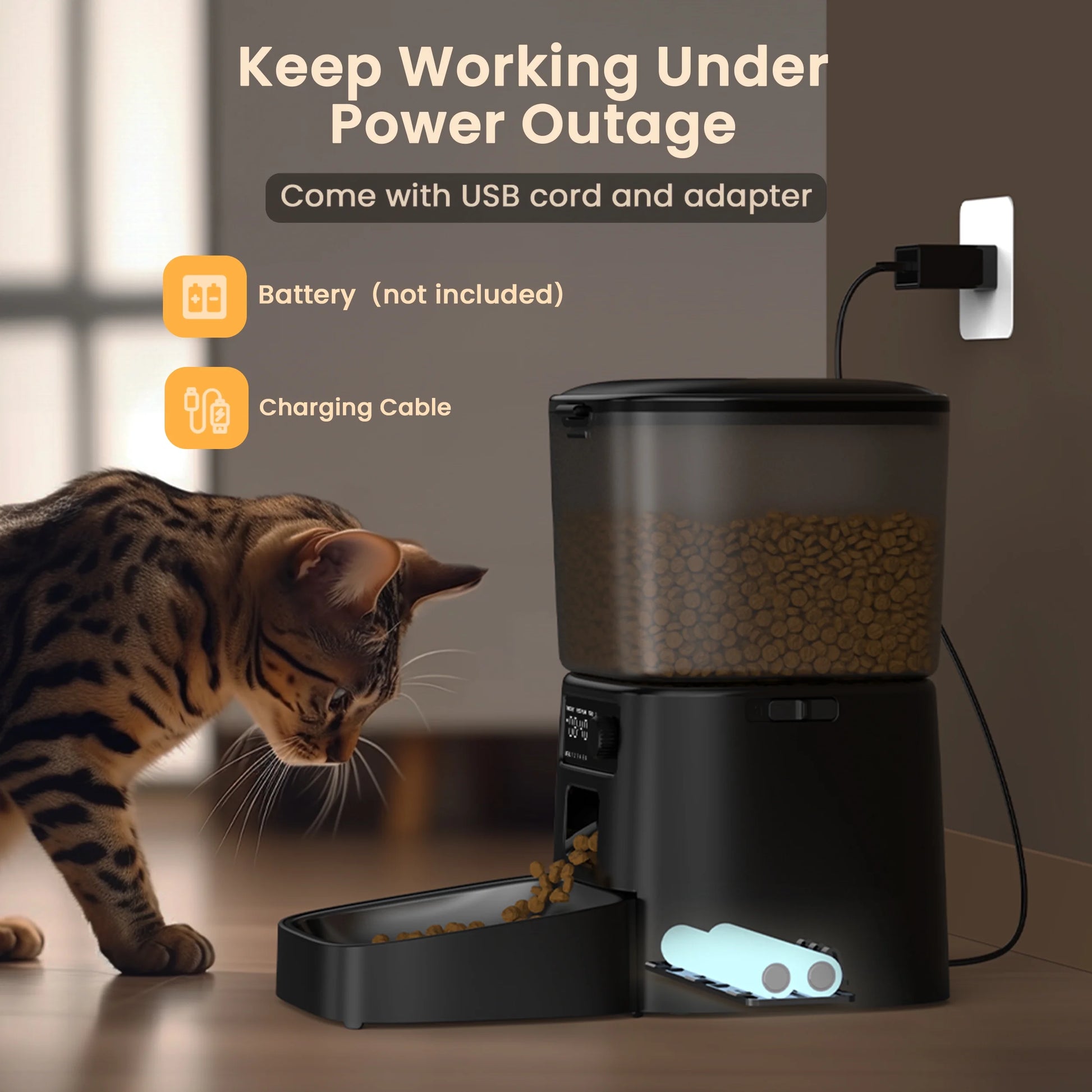 FD-01 3.5L Automatic Cat Feeder - Dual Power, Stainless Steel Bowl, Up to 36 Portions, 6 Meals Per Day, Detachable and Washable Design with Desiccant Bag - Black