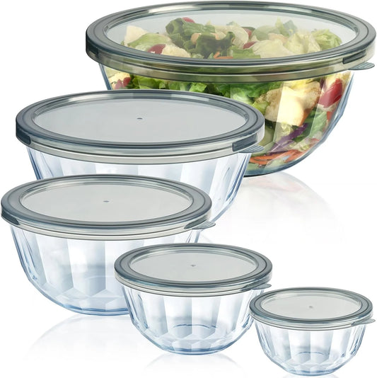 Glass Mixing Bowl Set with Lids, 5-Piece Thick Glass Nesting Bowls for Kitchen Baking, Meal Prep, BPA Free, Dishwasher Safe