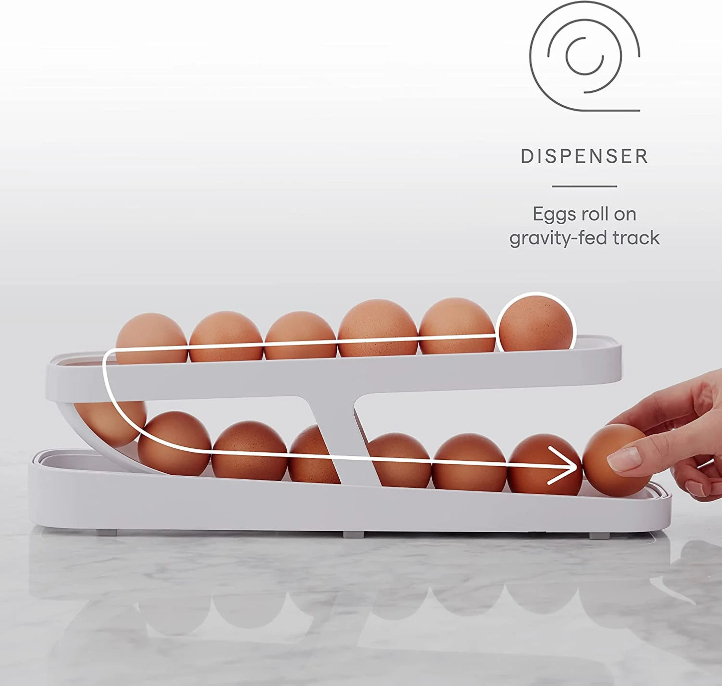Rolldown® Egg Dispenser, Space-Saving Rolling Organizer for Fridge, Refrigerator Bin, White