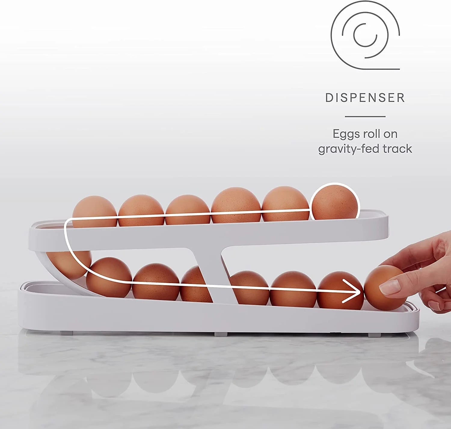 Rolldown® Egg Dispenser, Space-Saving Rolling Organizer for Fridge, Refrigerator Bin, White