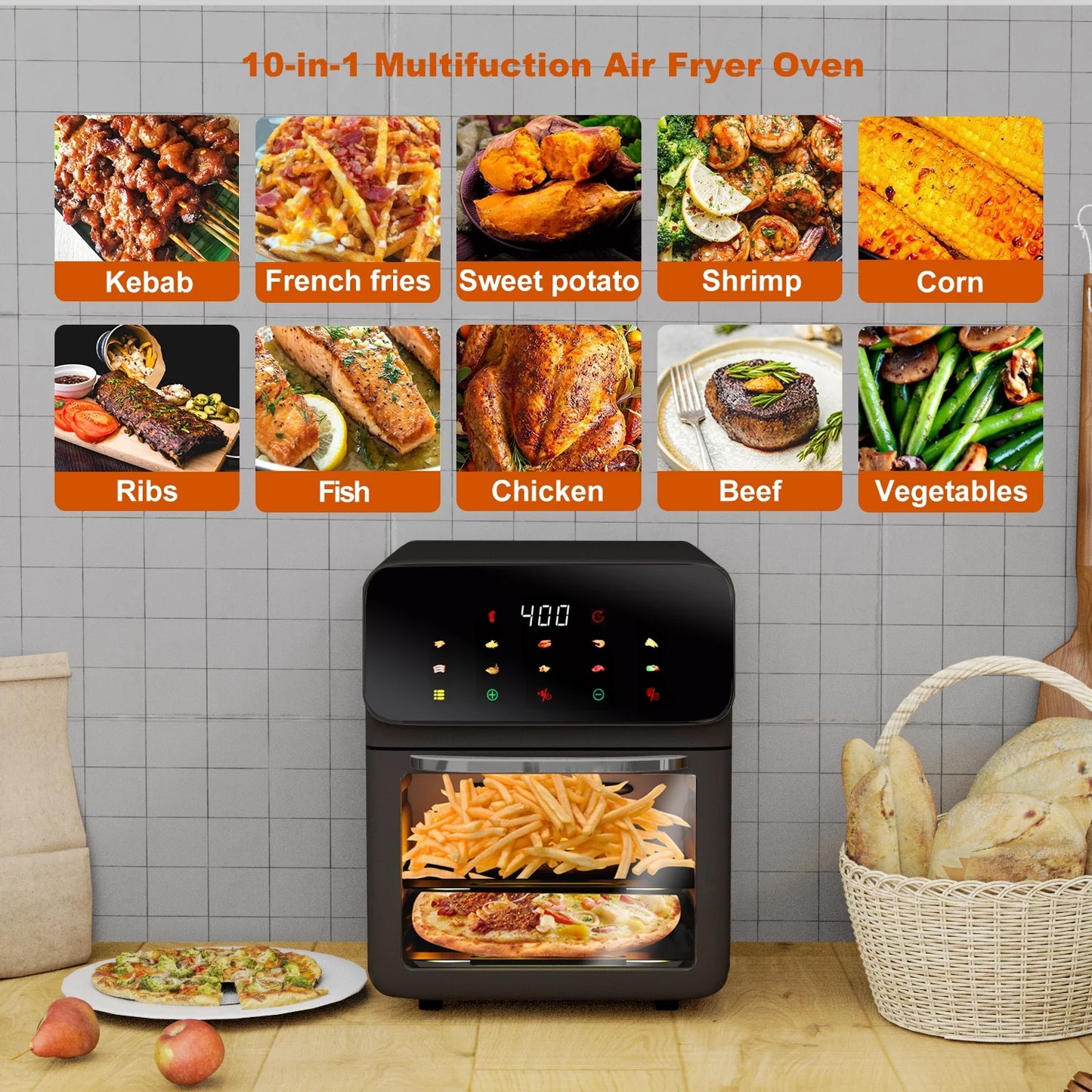 12QT Convection Oven Air Fryer with 10-in-1 Functionality, Touchscreen, and Visible Window in Black
