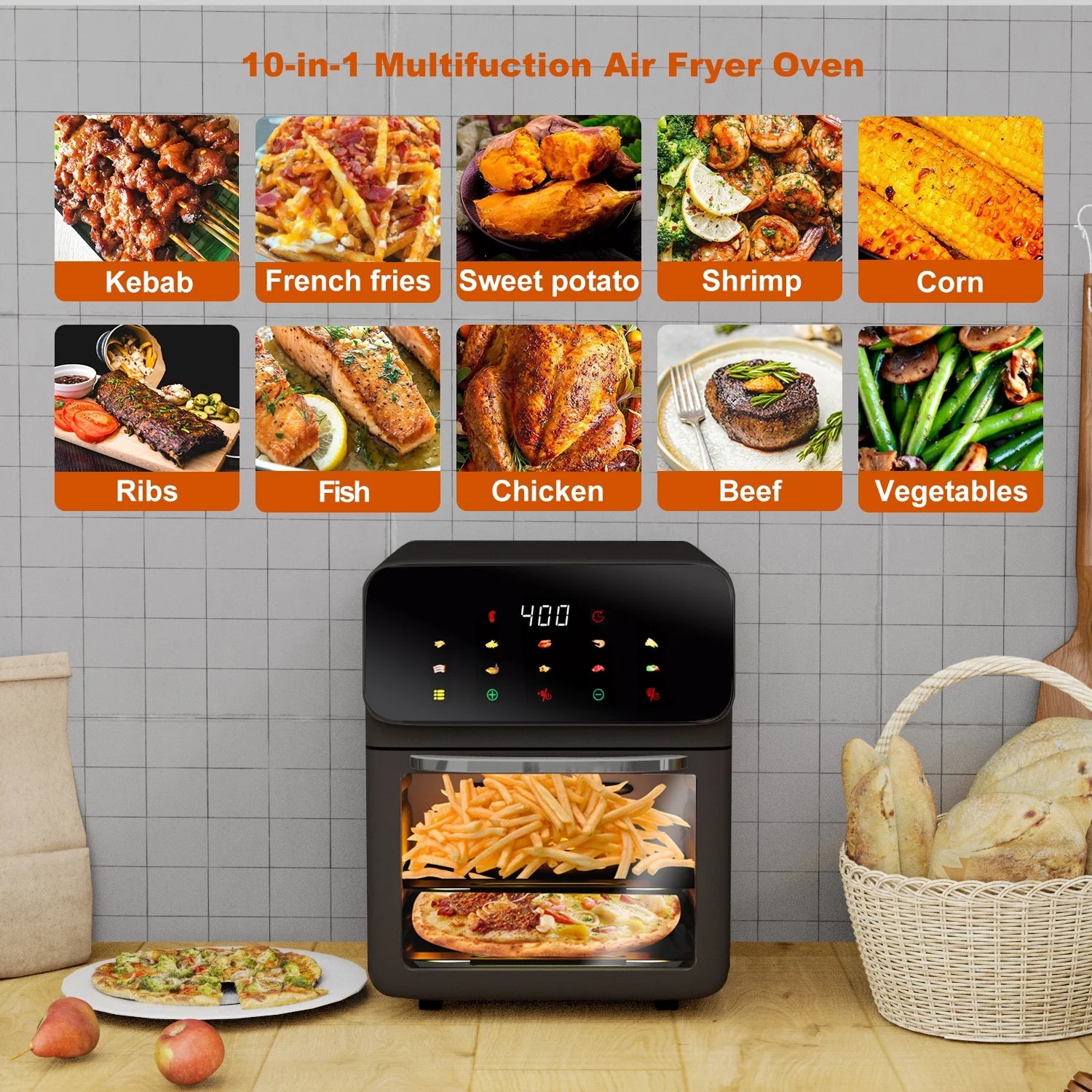 12QT Convection Oven Air Fryer with 10-in-1 Functionality, Touchscreen, and Visible Window in Black