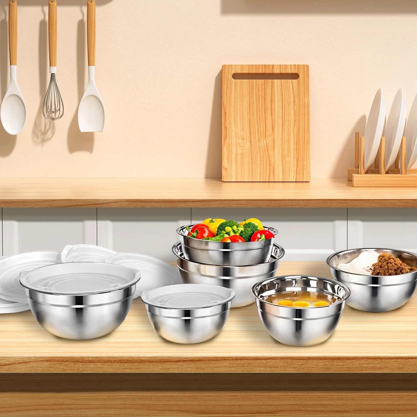 6 Pack Stainless Steel Mixing Bowls Set ,Kitchen Metal Meal Prep Bowls with Lids for Baking,Cooking,Serving