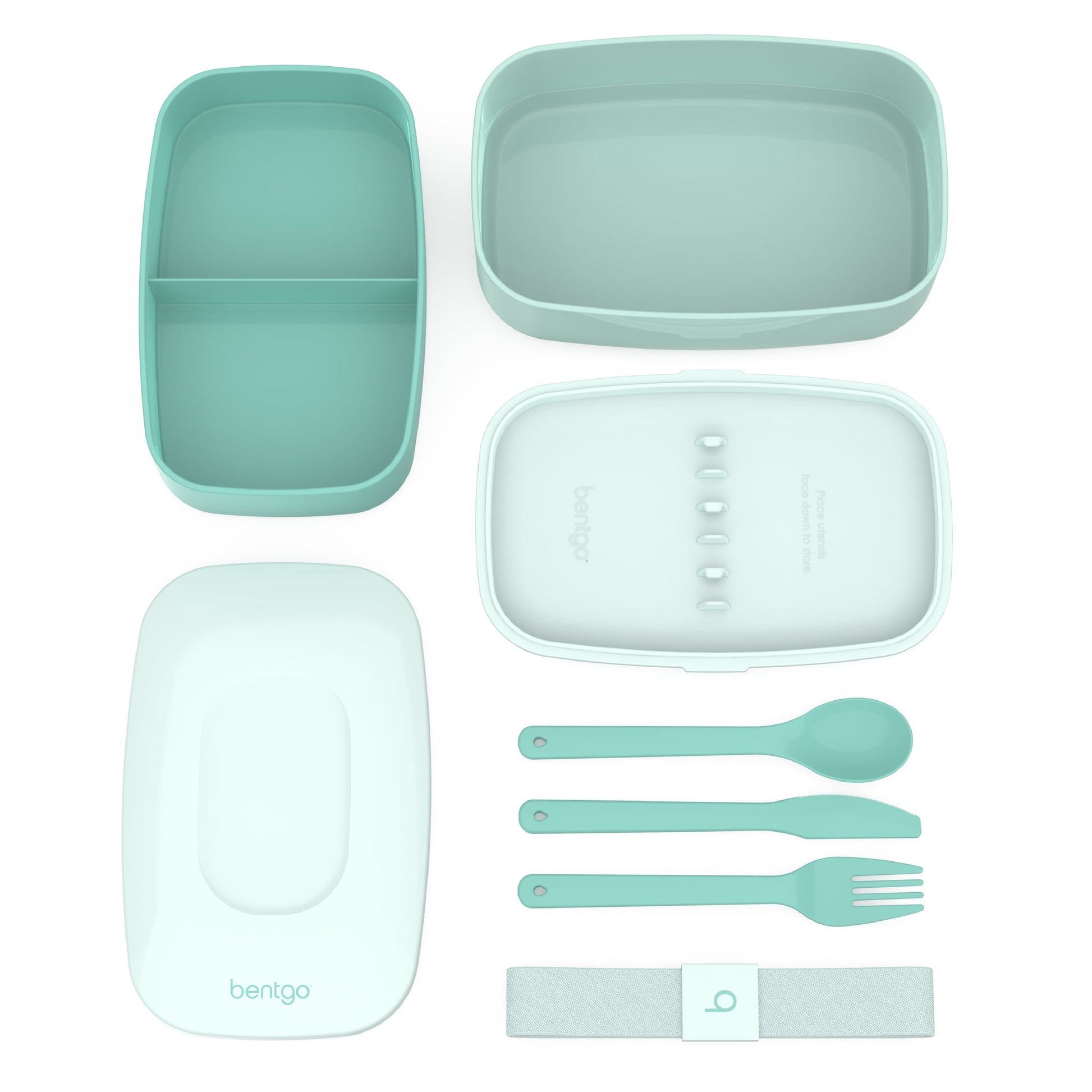 Classic - All-In-One Stackable Bento Lunch Box Container - Modern Bento-Style Design Includes 2 Stackable Containers, Built-In Plastic Utensil Set, and Nylon Sealing Strap (Coastal Aqua)
