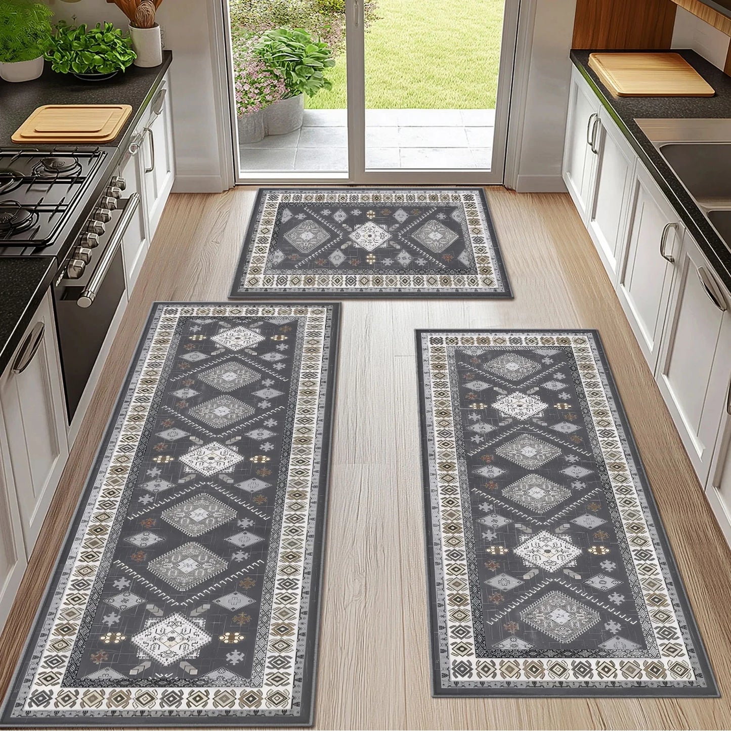 3-Piece Kitchen Rug Set, Non-Slip Machine Washable Mats, Farmhouse Hallway Doormat for Home and Living Room, Gray