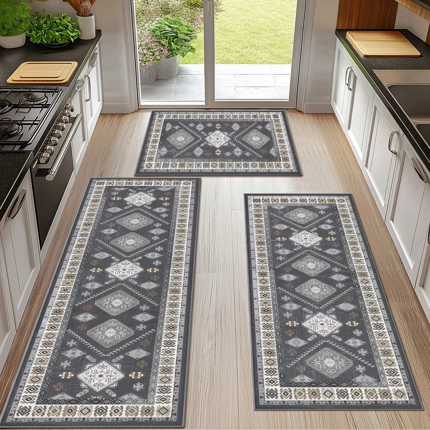 3-Piece Kitchen Rug Set, Non-Slip Machine Washable Mats, Farmhouse Hallway Doormat for Home and Living Room, Gray