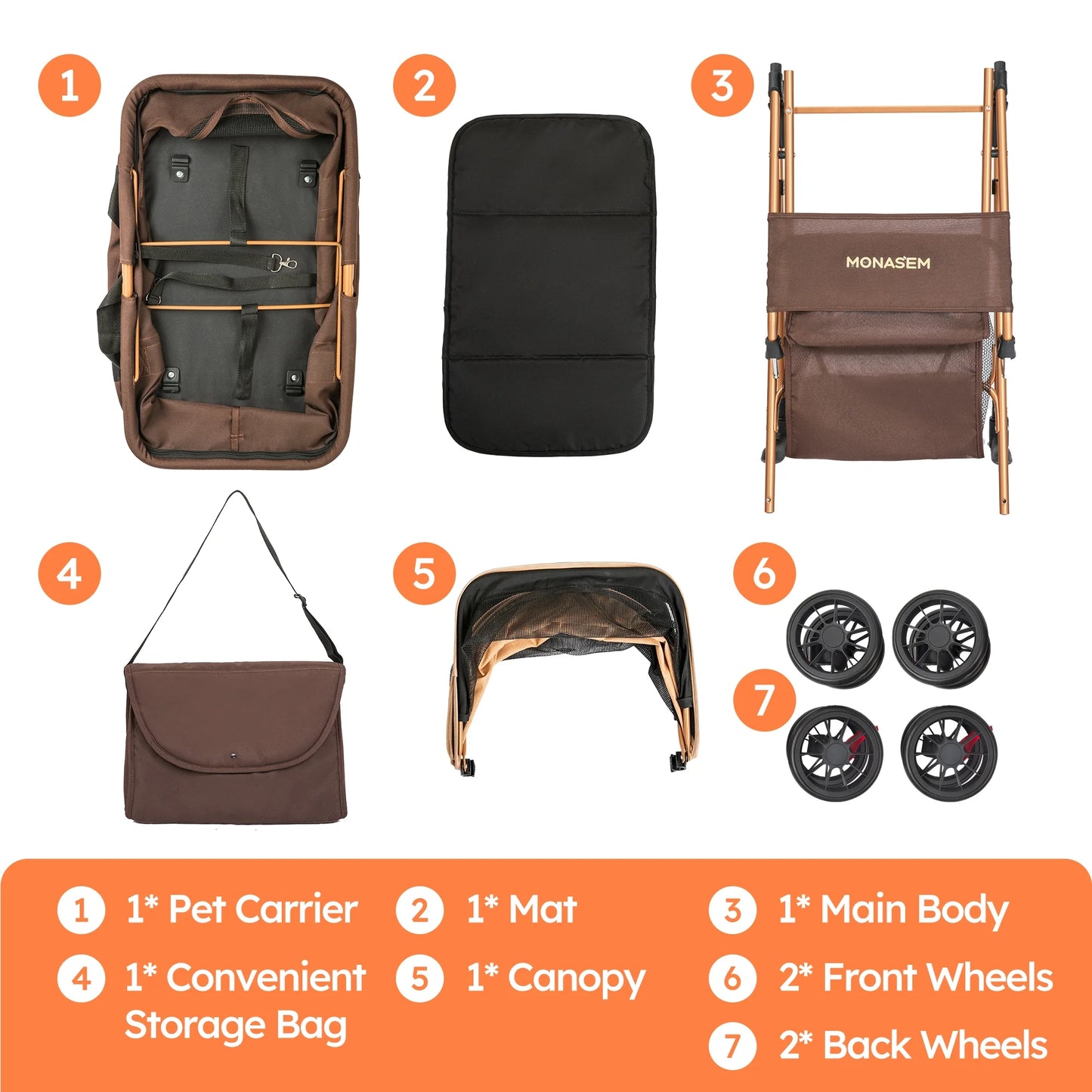 4-Wheel Foldable Pet Stroller 3-in-1 with Waterproof Detachable Travel Carrier for Small to Medium Dogs and Cats up to 60 lbs, Brown