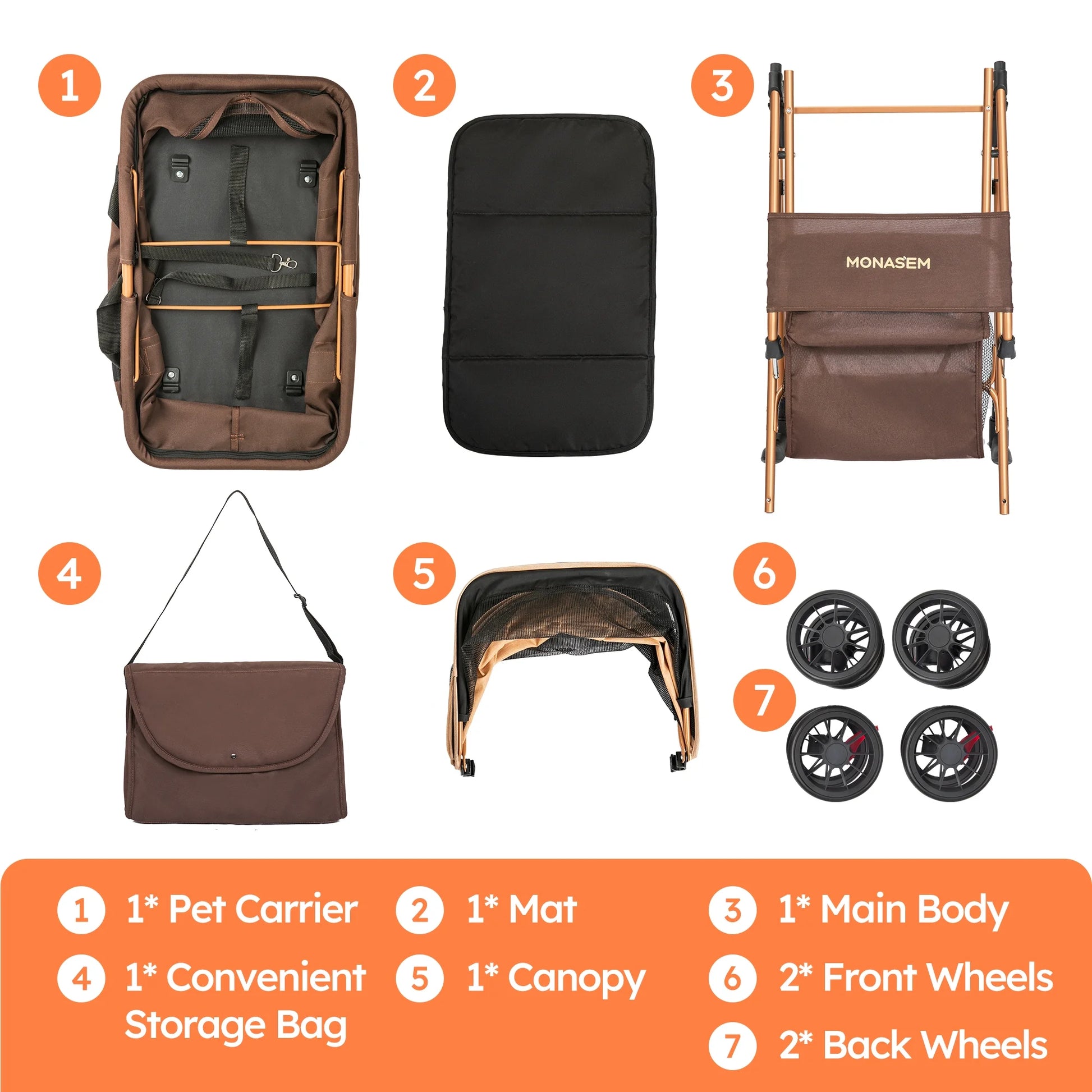 4-Wheel Foldable Pet Stroller 3-in-1 with Waterproof Detachable Travel Carrier for Small to Medium Dogs and Cats up to 60 lbs, Brown