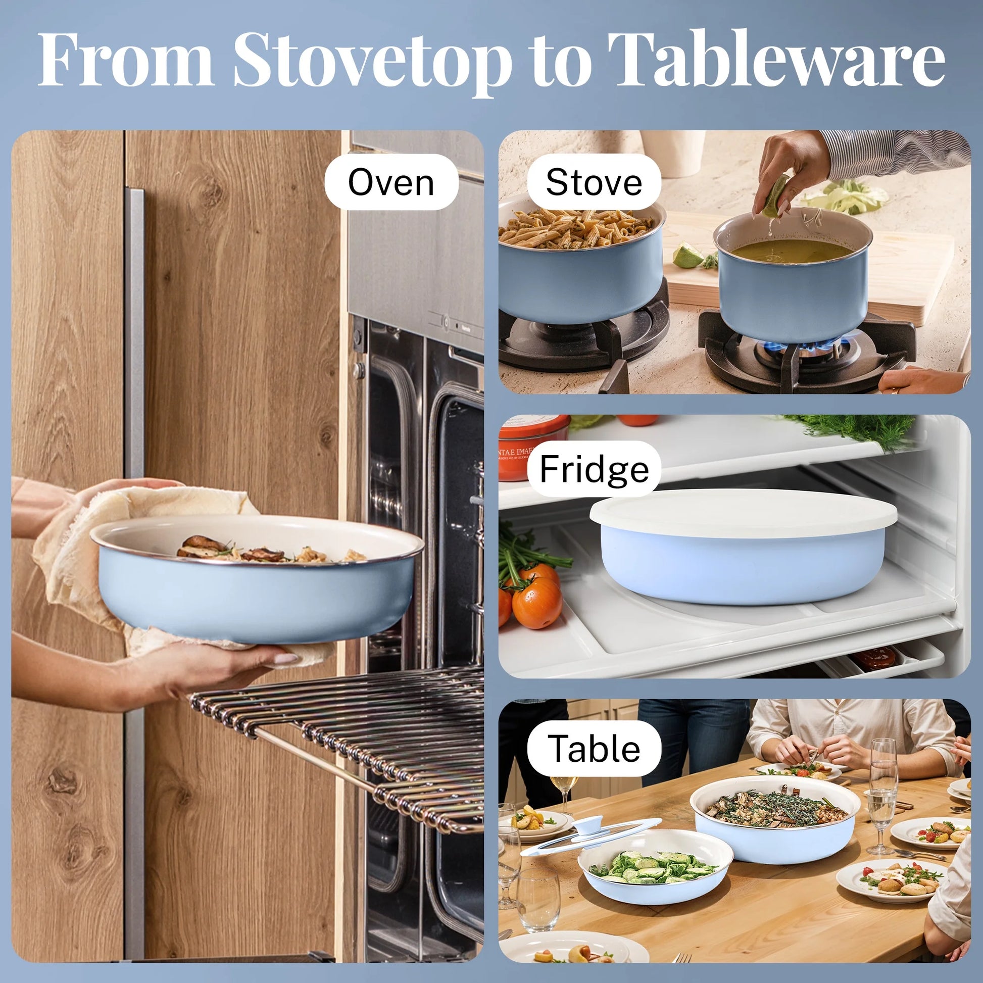 18-Piece Non-Stick Ceramic Cookware Set with Detachable Handles - RV Kitchen Essentials, Oven Safe, Blue