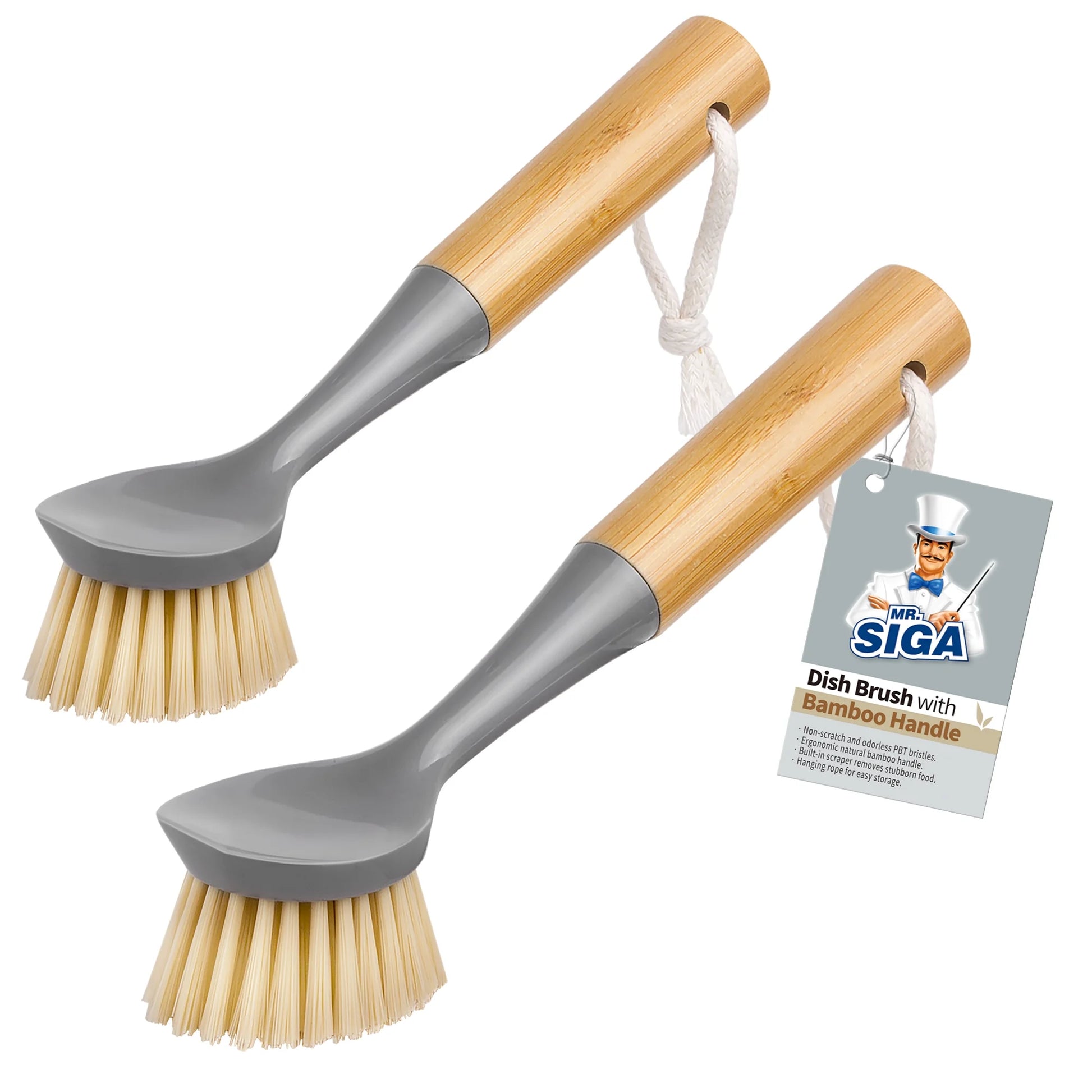 Dish Brush with Bamboo Handle Built-In Scraper, Scrub Brush for Pans, Pots, Kitchen Sink Cleaning, 2 Pack