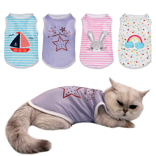 CooShou 4Pcs Dog & Cat Shirts - Polka Dot & Stripe Sleeveless T-Shirts, Soft Breathable Pet Vests for Small to Medium Dogs & Cats