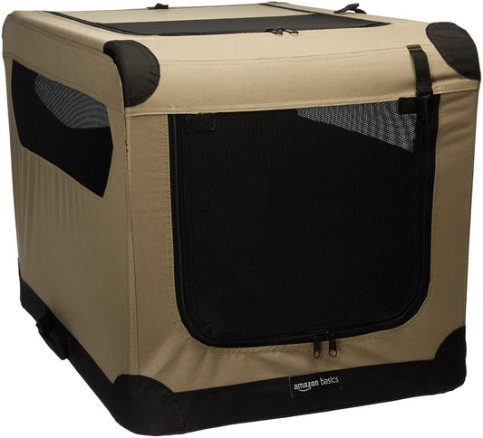 Amazon Basics 2-Door Portable Soft-Sided Folding Soft Dog Travel Crate Kennel, Medium (M 30" x 21" x 21"), Tan