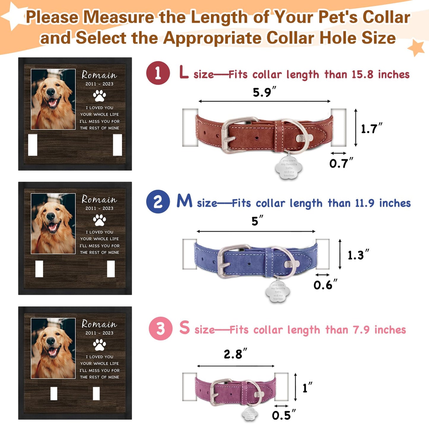 PUREFLY Personalized Pet Picture Frame Memorial Gifts for Loss of Dog- Fits 3 Collar Lengths, in Memory of Dog Passing Away Sympathy Gifts, Cat Memorial
