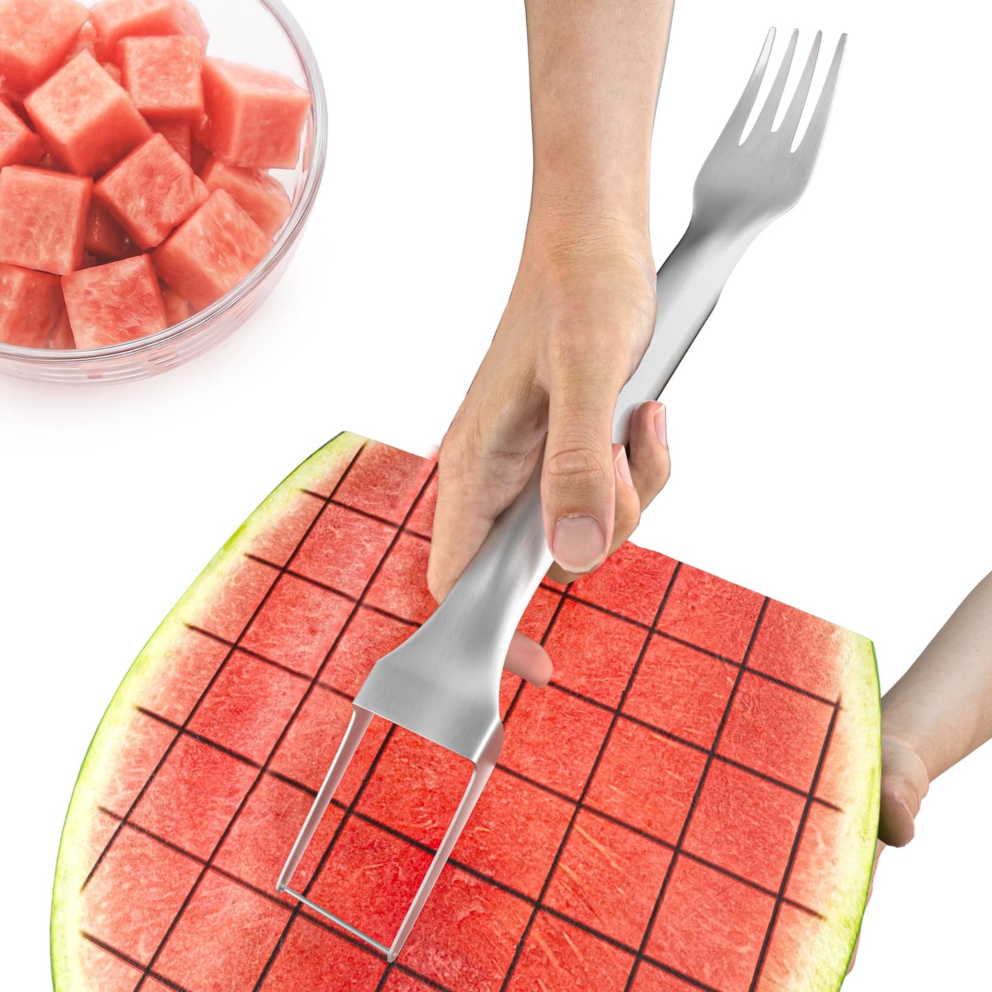 CripsTaste Watermelon Fork Cutter Slicer Tool, 2-in-1 Stainless Steel Fruit Cutter Melon Slicer Cutter Tool, Watermelon Cutting Tool for Home Party Camping Kitchen Gadget