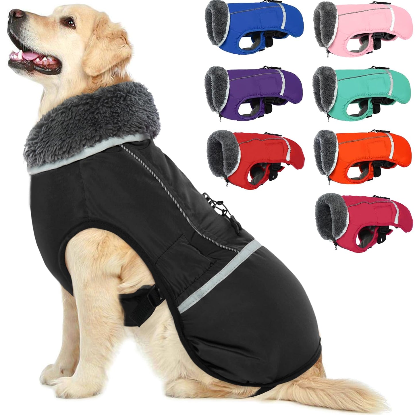 QBLEEV Warm Dog Coat Reflective Dog Winter Jacket，Waterproof Windproof Dog Turtleneck Clothes for Cold Weather, Thicken Fleece Lining Pet Outfit，Adjustable Pet Vest Apparel for Small Medium Large Dogs