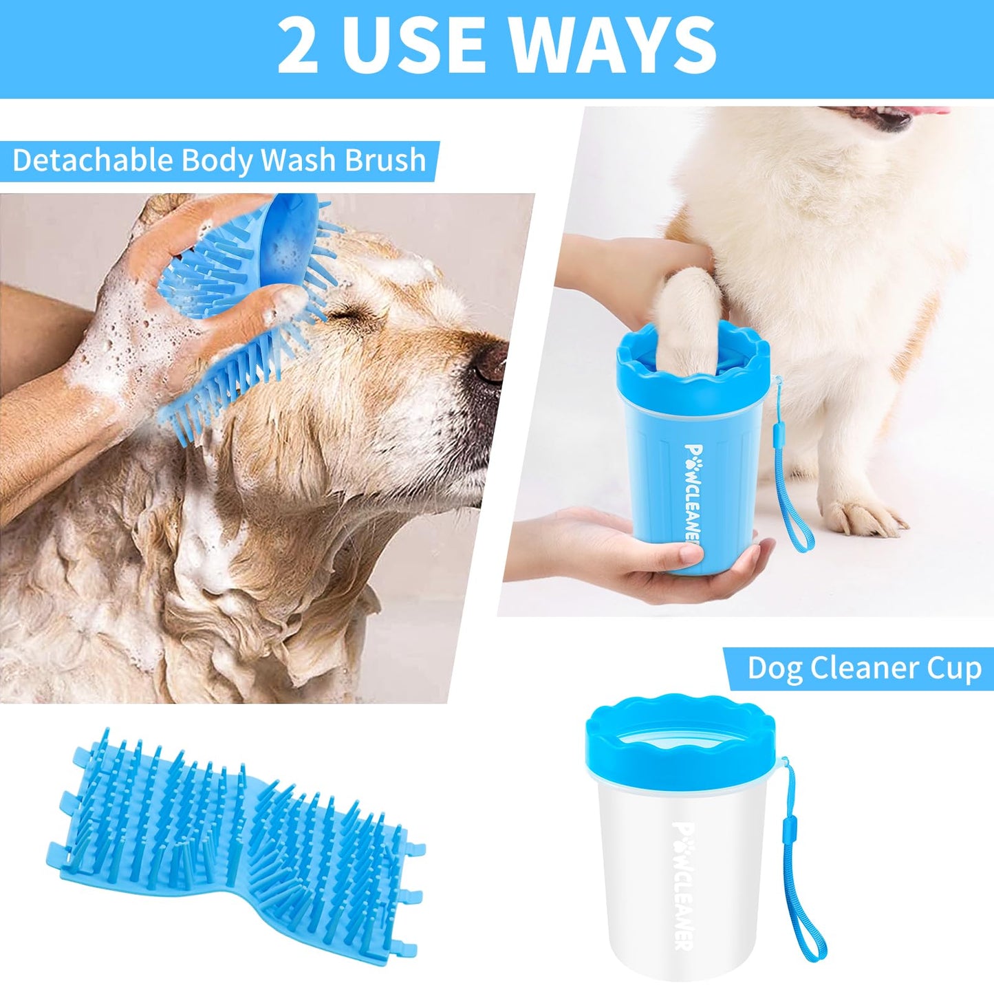 Professional 7 in 1 Dog Paw Cleaner for Dogs & Cats - Includes 1 Portable Paw Washer, 1 Bath Brush, 2 Dog Toothbrushes and 3 Absorbent Towels Note: Fits Paws 1.5 to 2.5 Inches Wide (Medium, Blue)