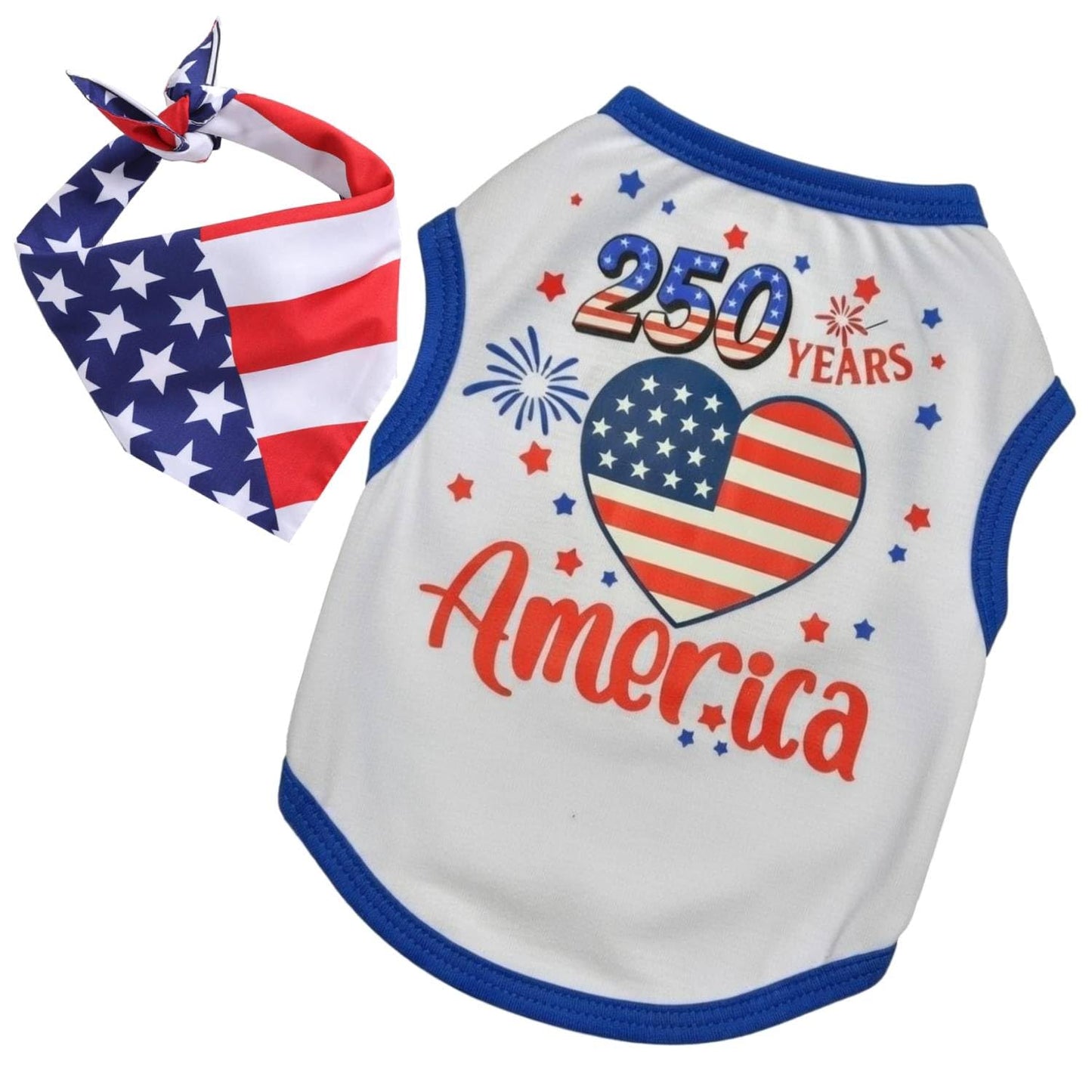 Small Dog America's 250th Anniversary 4th of July Outfit Shirt & Bandanas Pet Cat Clothes White S