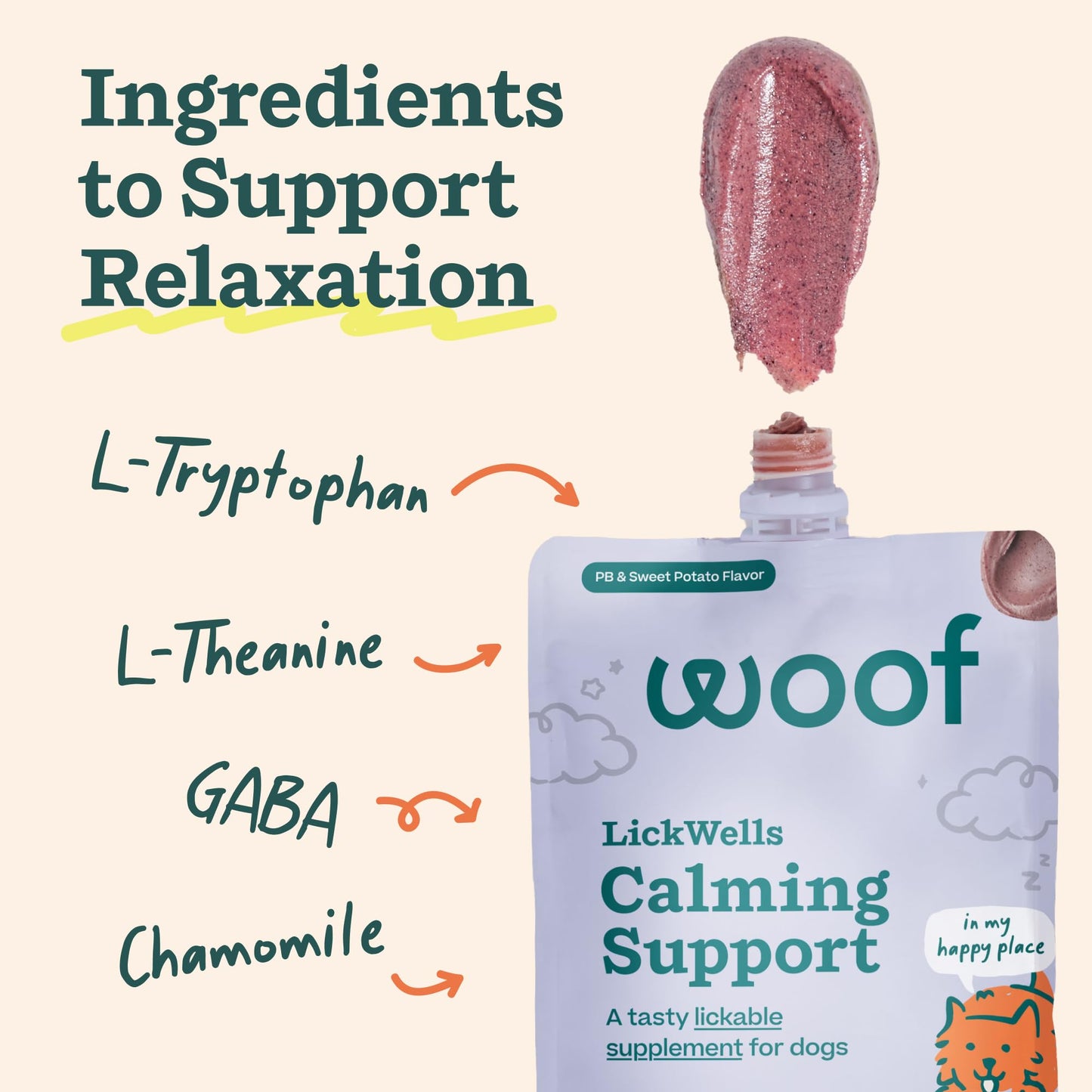 WOOF LickWells Calming Support - Dog Lick Mat Spread and Calming Supplement for Dogs - Promotes Relaxation for Normal Stress -Pairs with FlipMat and LickMat - 12 oz - PB & Sweet Potato Flavor