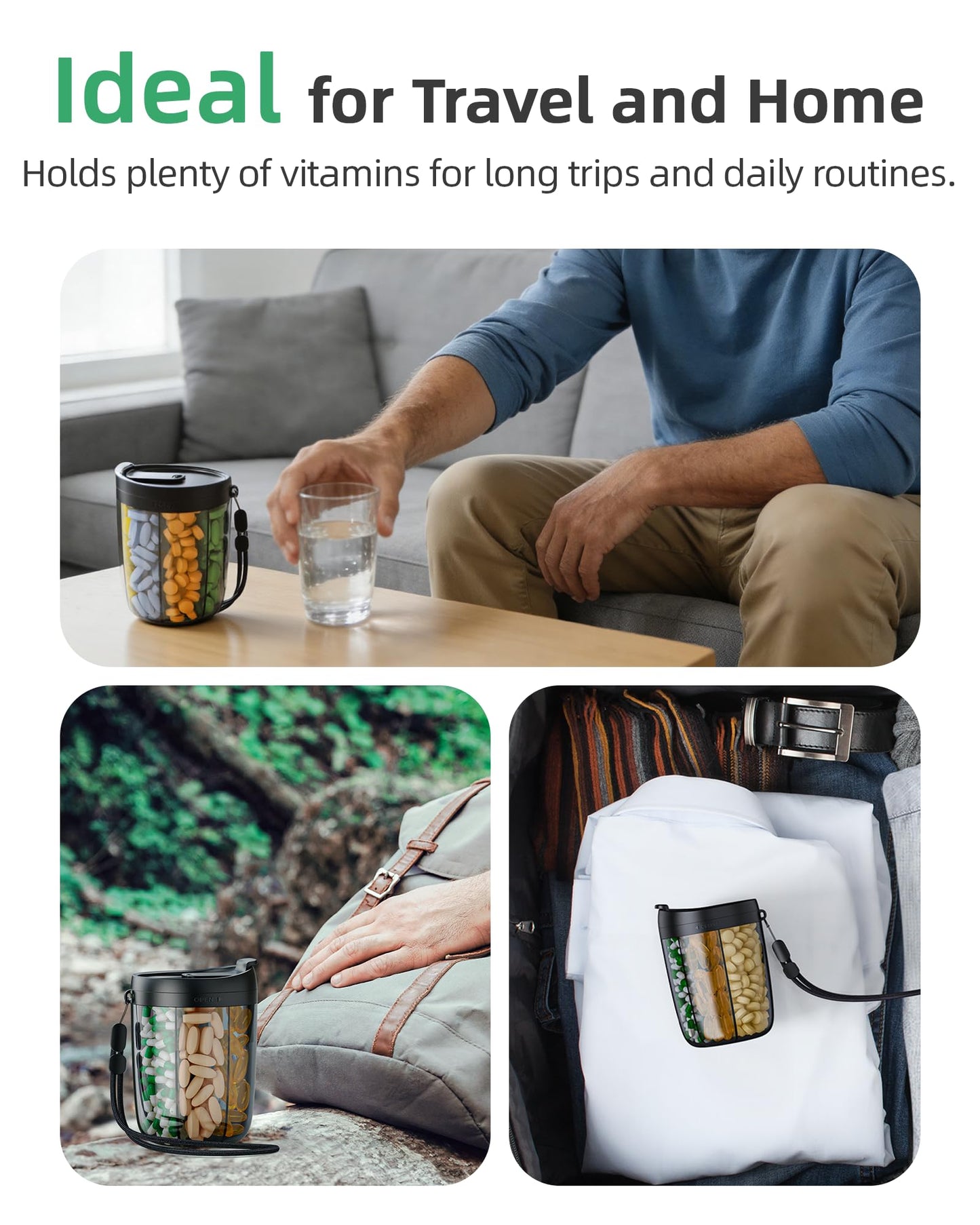 PULIV Large Pill Bottle Organizer for Holding 6 Various Vitamins without Filling Hassle, Supplement Organizer for Travel, Anti-Mixing Pill Box Case with Wide Opening for Easy Pill Retrieval, 20 Labels