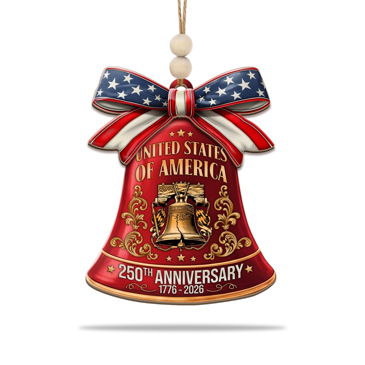 250th Anniversary United States of America Ornament (1776–2026) – Patriotic Wooden Christmas Decoration, Independence Day Keepsake, USA Liberty Bell Hanging Ornament