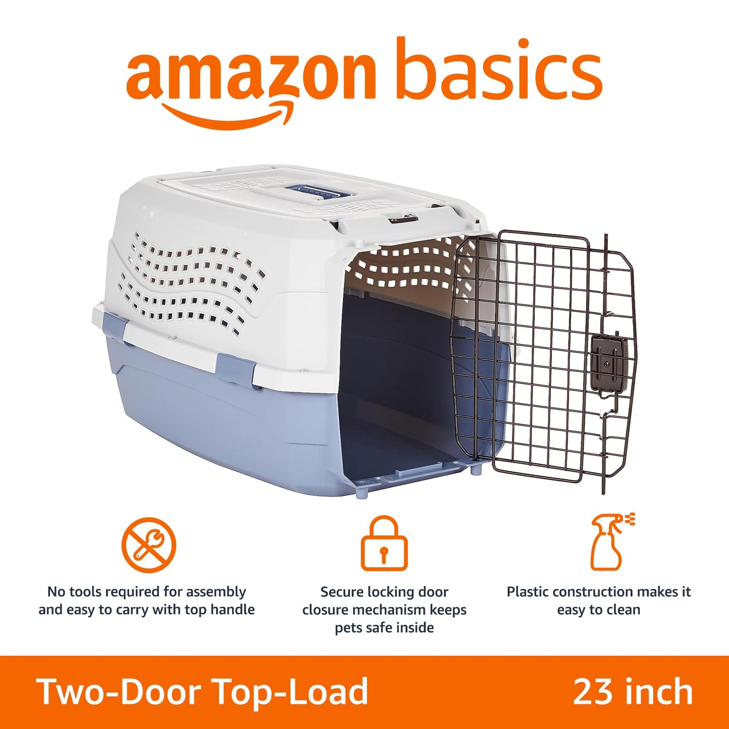 Amazon Basics - 2-Door Top-Load Hard-Sided Dogs, Cats Pet Travel Carrier, Gray & Blue, 22.8"L x 15.0"W x 13.0"H