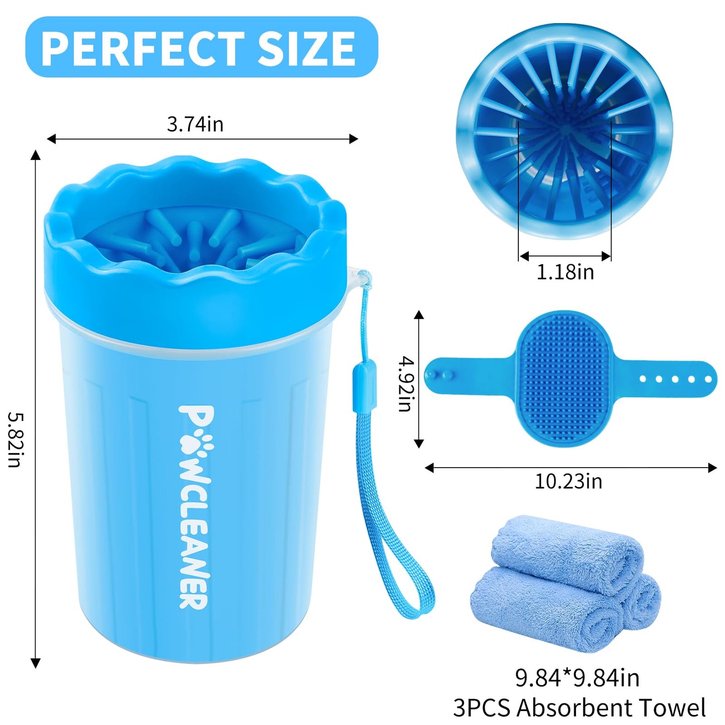 Professional 7 in 1 Dog Paw Cleaner for Dogs & Cats - Includes 1 Portable Paw Washer, 1 Bath Brush, 2 Dog Toothbrushes and 3 Absorbent Towels Note: Fits Paws 1.5 to 2.5 Inches Wide (Medium, Blue)