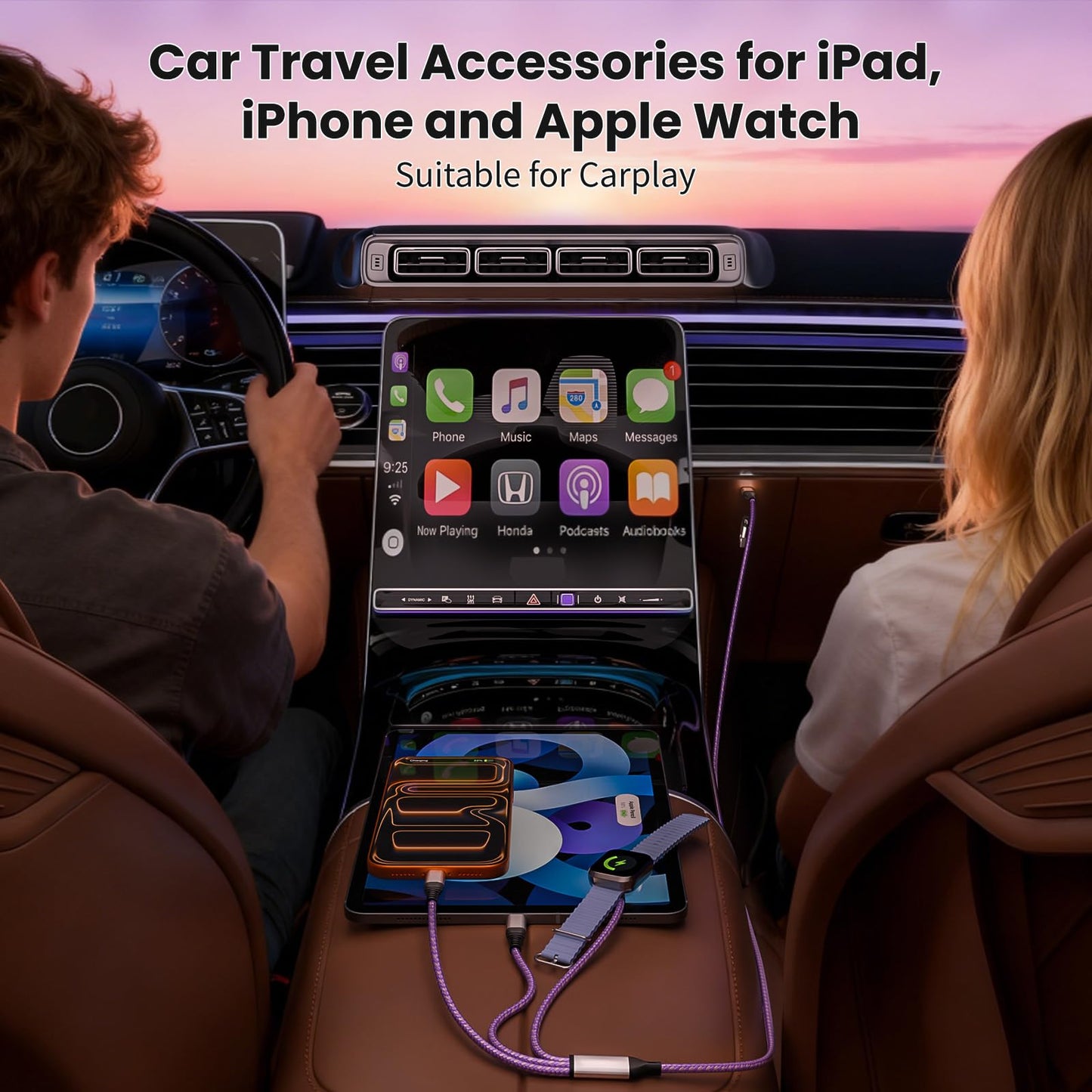 Travel Essentials, 3 in 2 USB A/C Cable to iPhone 17 Charger/iWatch Charger/IP, Braided Multi Charging Cable Cord, RV Camping Essentials, Designed for iWatch Series & iPhone17-11/iPad [Purple, 5FT]
