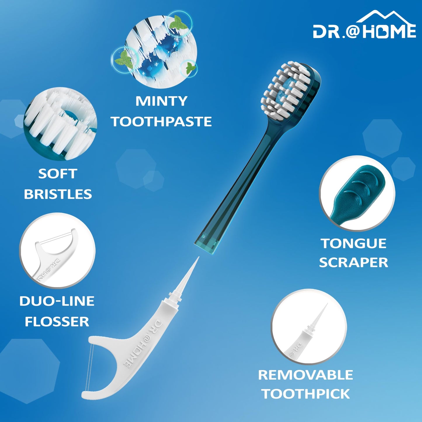 dr.@home Disposable Travel Toothbrush on the go, Oral Care Set, Prepasted Mini Toothbrush 5 in 1 (Mint Paste+ Soft Bristles+Flosser+Pick+Tongue Scraper) | Individually Wrapped 24 Count - 1 Pack