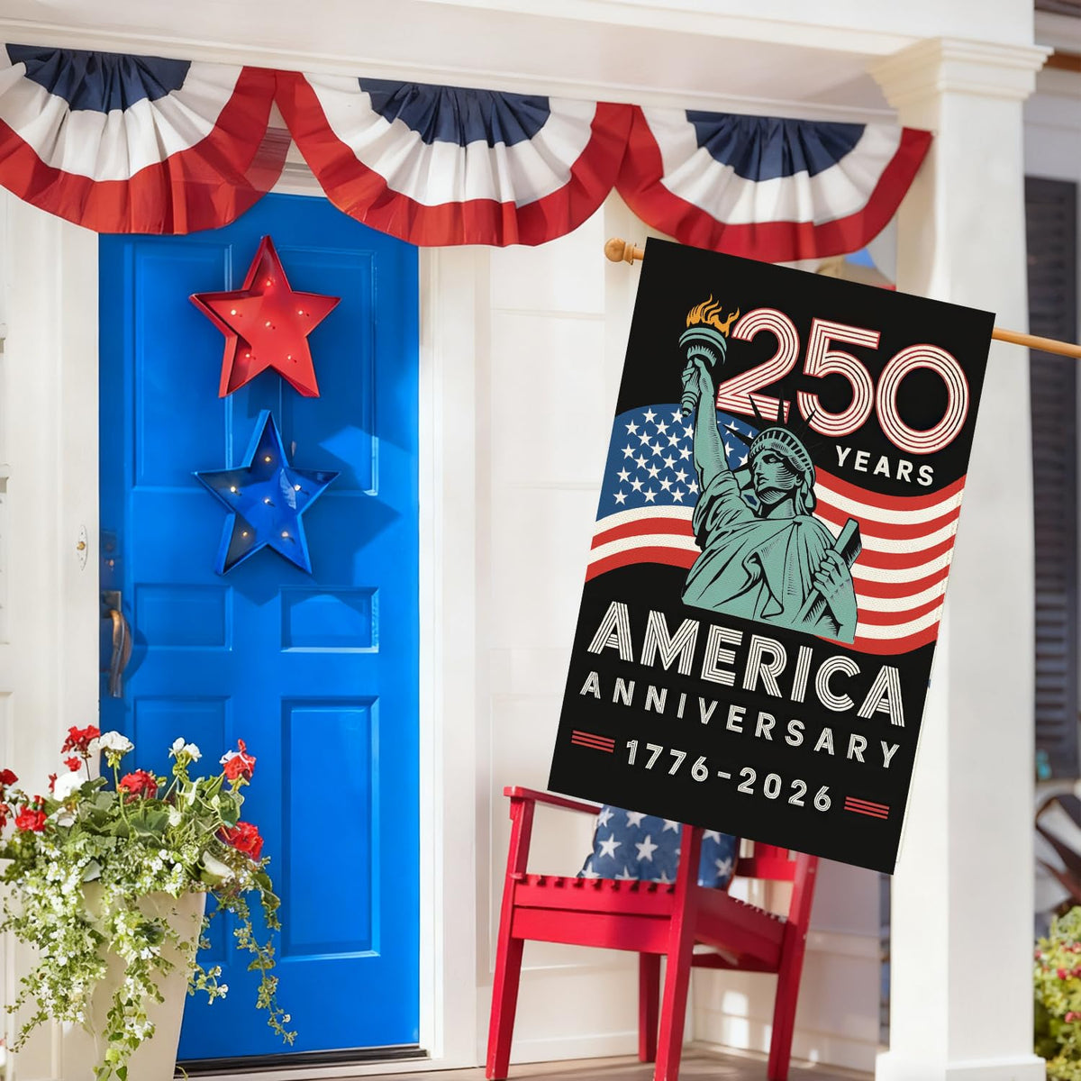 Baccessor 250th Anniversary America Freedom House Flag 28x40 Inch Double Sided 250th Anniversary 1776-2026 Banner USA Patriotic Statue of Liberty Design Commemorative Outdoor Outside Decoration