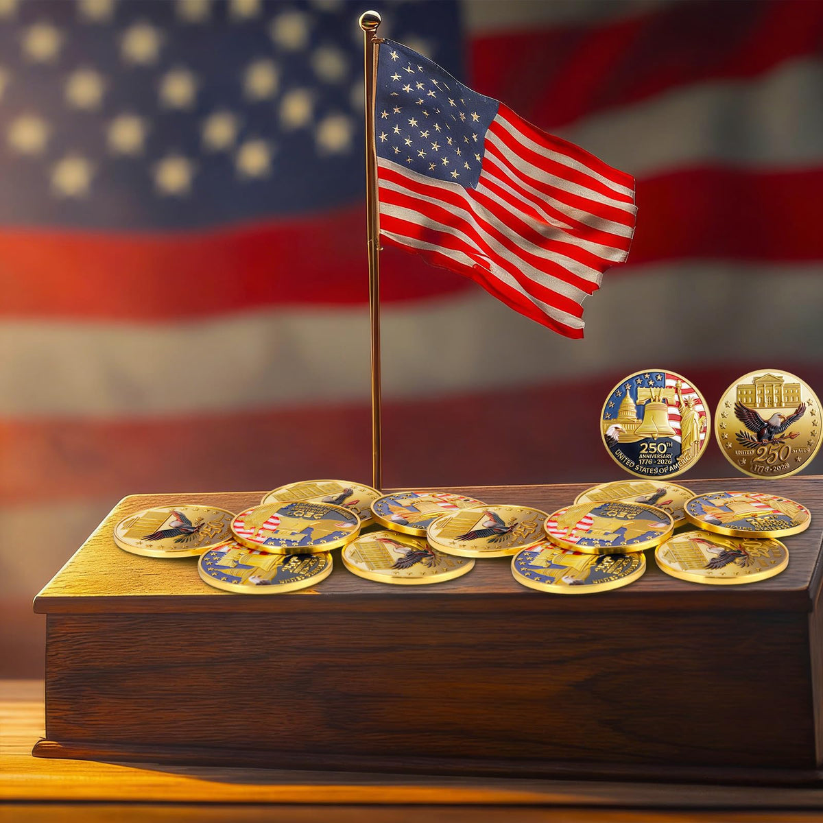 Highergo 250th Anniversary Commemorative Coins USA Eagle and Patriotic Symbols Collectible 250 Year Merchandise for Celebration Display Collectors Challenge Coin Gift(10 Pcs,Style 1)