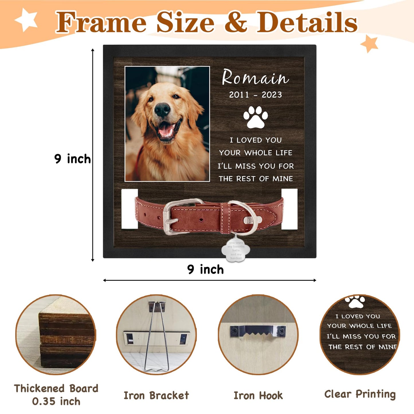 PUREFLY Personalized Pet Picture Frame Memorial Gifts for Loss of Dog- Fits 3 Collar Lengths, in Memory of Dog Passing Away Sympathy Gifts, Cat Memorial