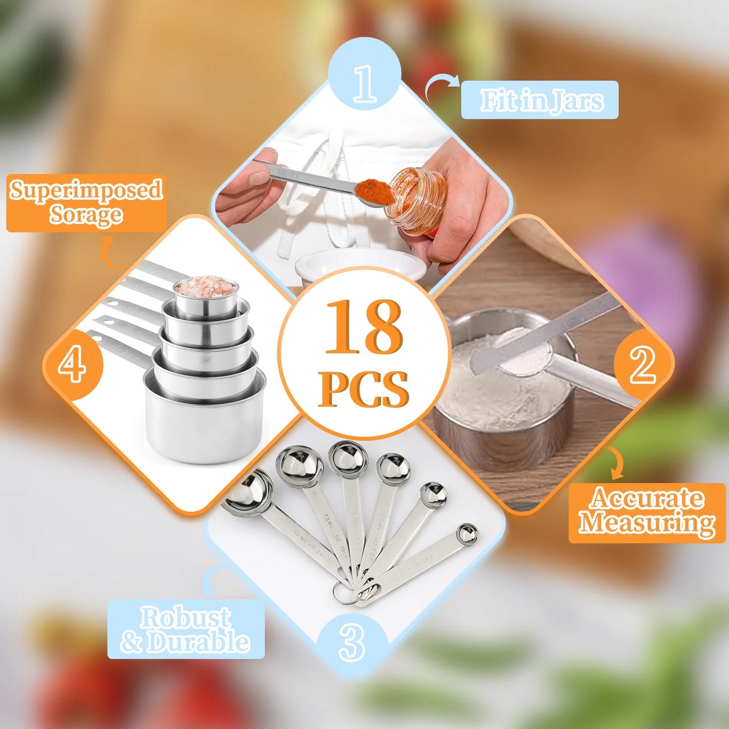 18-Piece Stainless Steel Measuring Cups and Spoons Set, 6 Stainless Steel Measuring Cups,11 Stainless Steel Measuring Spoons&1 Measuring Stick Leveler, Kitchen Tools for Cooking & Baking