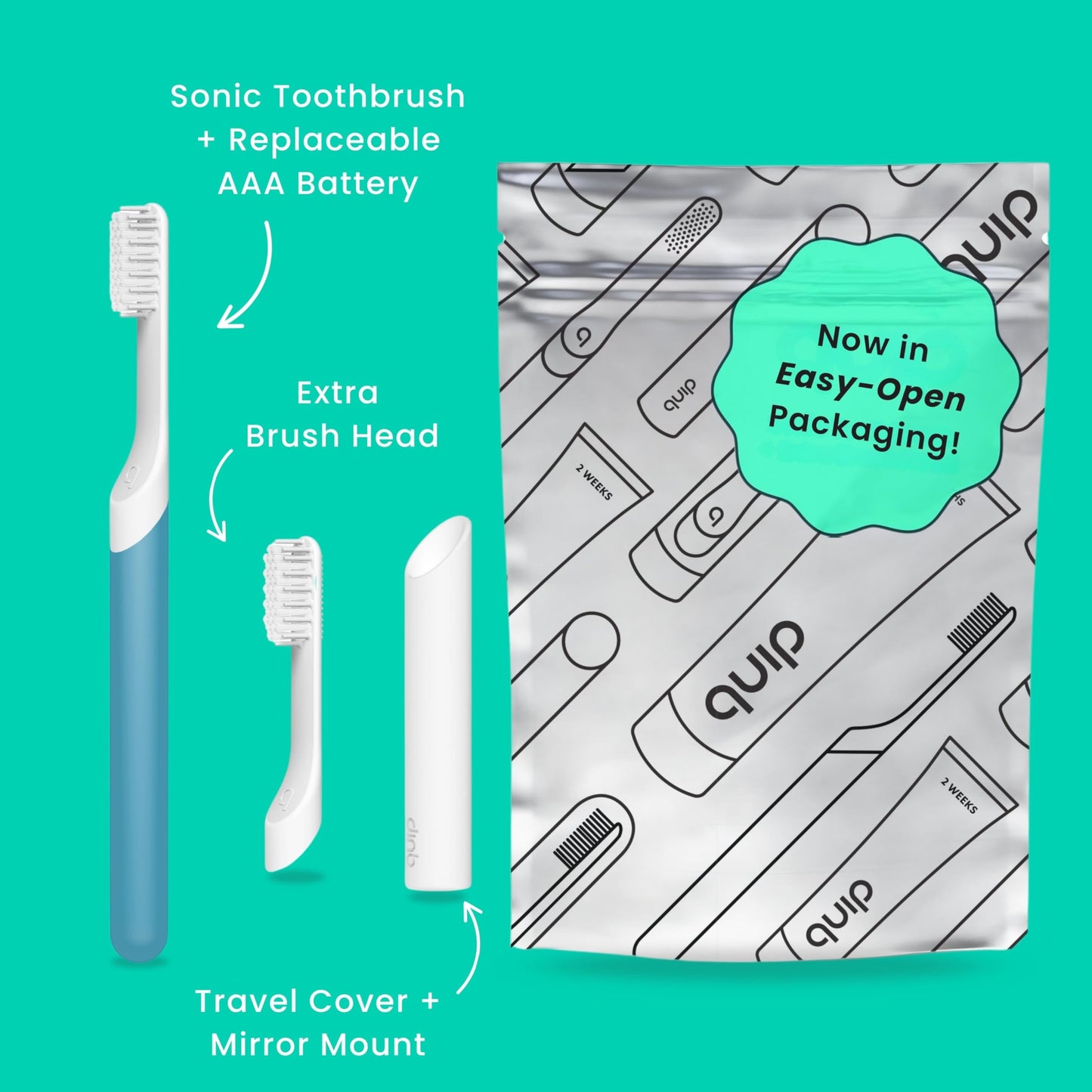 Quip Sonic Electric Toothbrush for Adults with Timer - Includes Travel Case & Replacement Brush Head - 3 Month Battery Life, Plastic Handle - Marine Blue