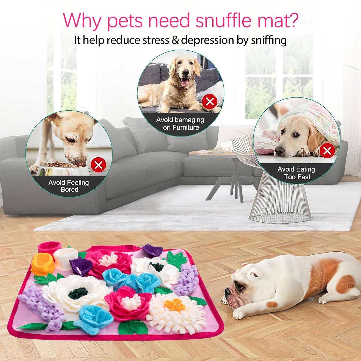 Meilzer Snuffle Mat for Dogs Pet Treats Feeding Mat for Small/Medium Breed Dogs Non-Slip/Portable/Durable Interactive Dog Puzzle Toys Encourages Natural Foraging Skills (Rose Pink)