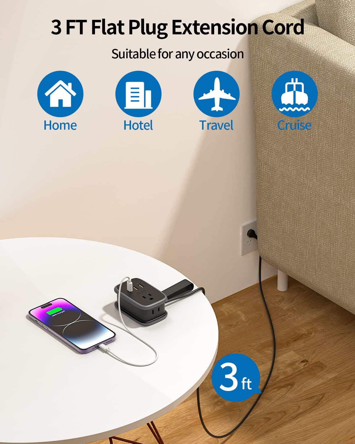 NTONPOWER Travel Power Strip with USB Ports, Portable Small Power Strip with 3FT Wrapped Flat Plug Extension Cord, 2 Outlets 3 USB Ports, Non Surge Protector for Cruise Ship Hotel Black