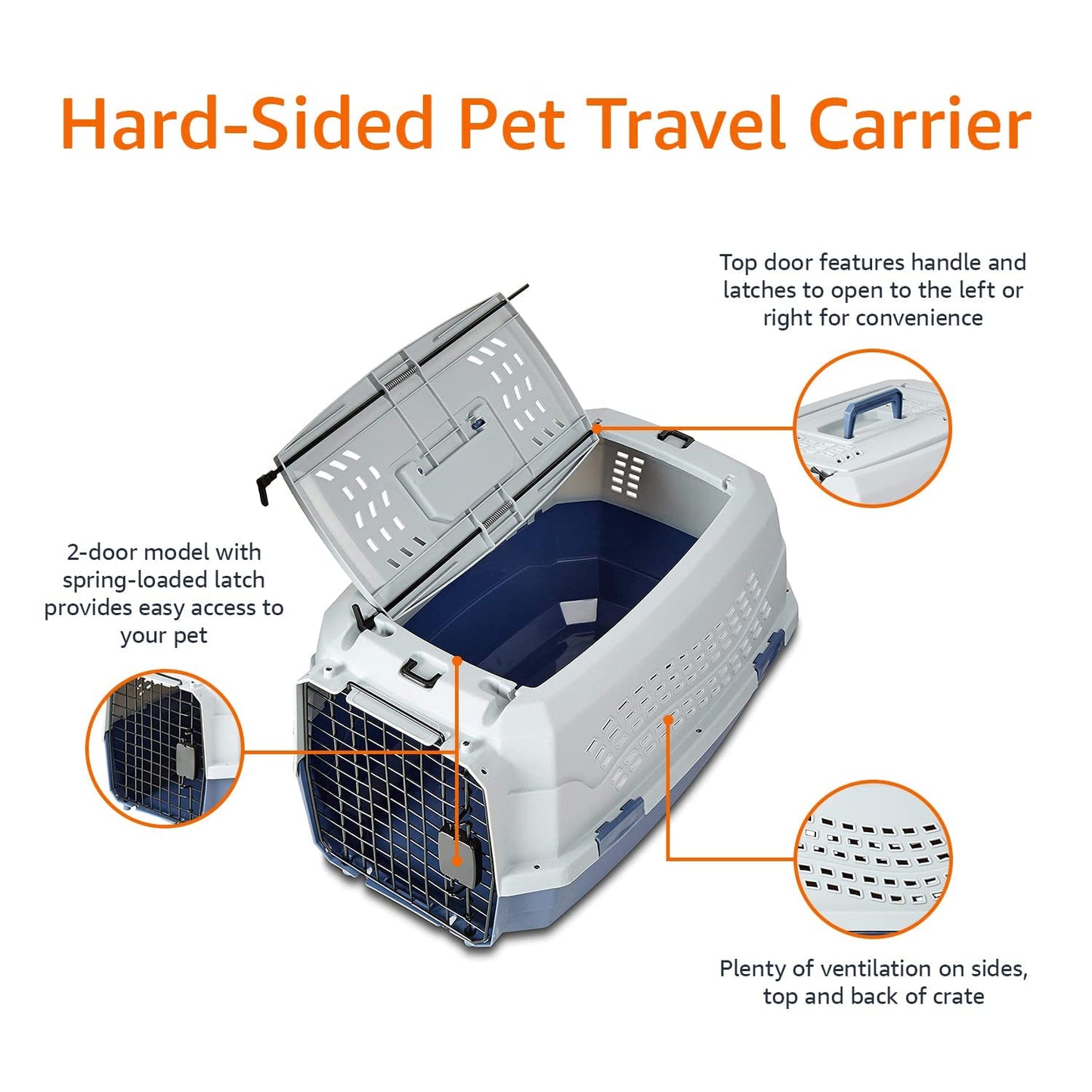 Amazon Basics - 2-Door Top-Load Hard-Sided Dogs, Cats Pet Travel Carrier, Gray & Blue, 22.8"L x 15.0"W x 13.0"H