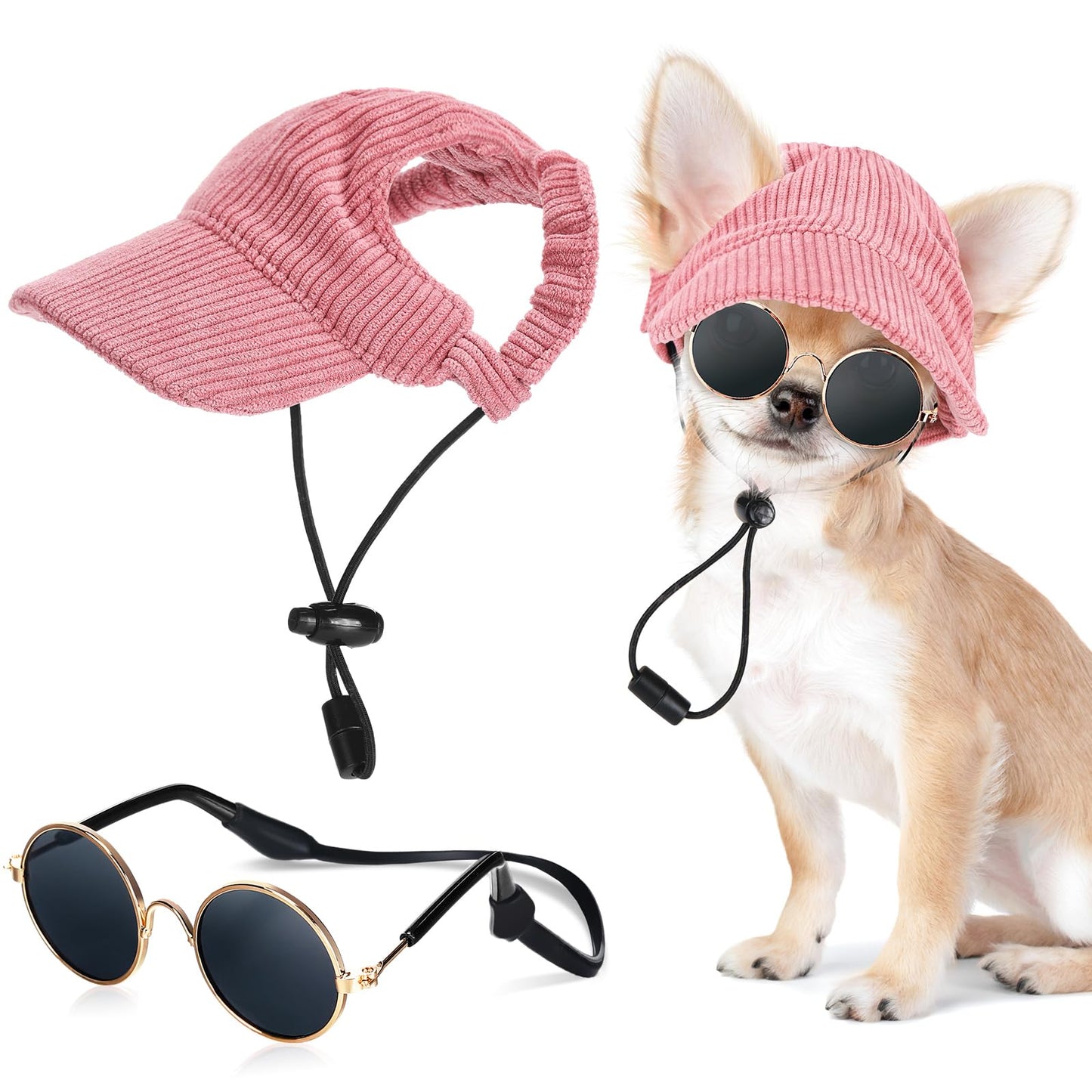 Jadive Small Dog Sun Hat with Ear Holes, Dog Cat Sunglasses with Anti-Slip Silicone Rope Baseball Cap Adjustable Puppy Sunbonnet Headdress Beach Visor Hat for Puppies Summer Outdoor(Pink)