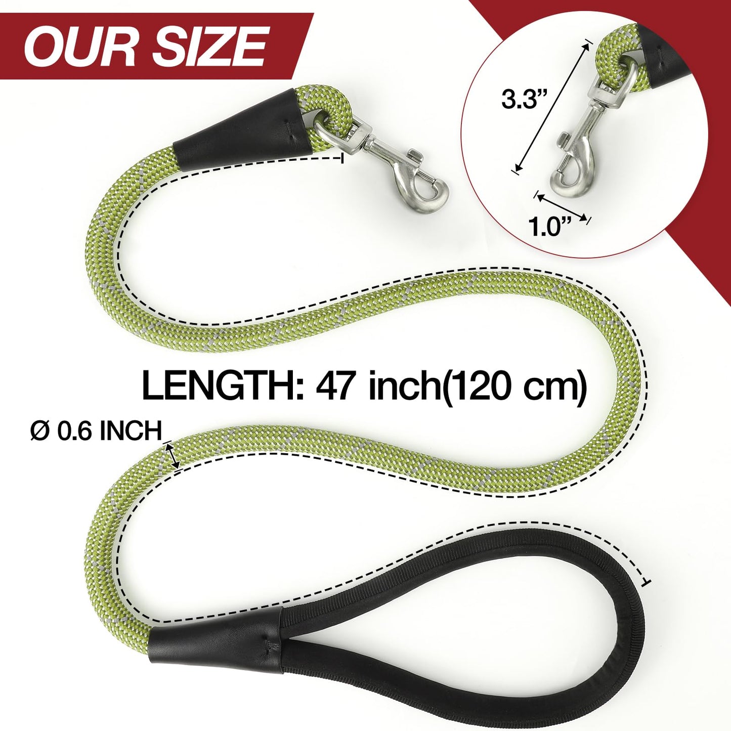 Pudiwind Green 4FT Dog Leash for Large Dogs Night Walking Reflective Heavy Duty Chew-Resistant Nylon Leash with Padded Handle and 360° Swivel Clip Strong for Medium to Large Breeds