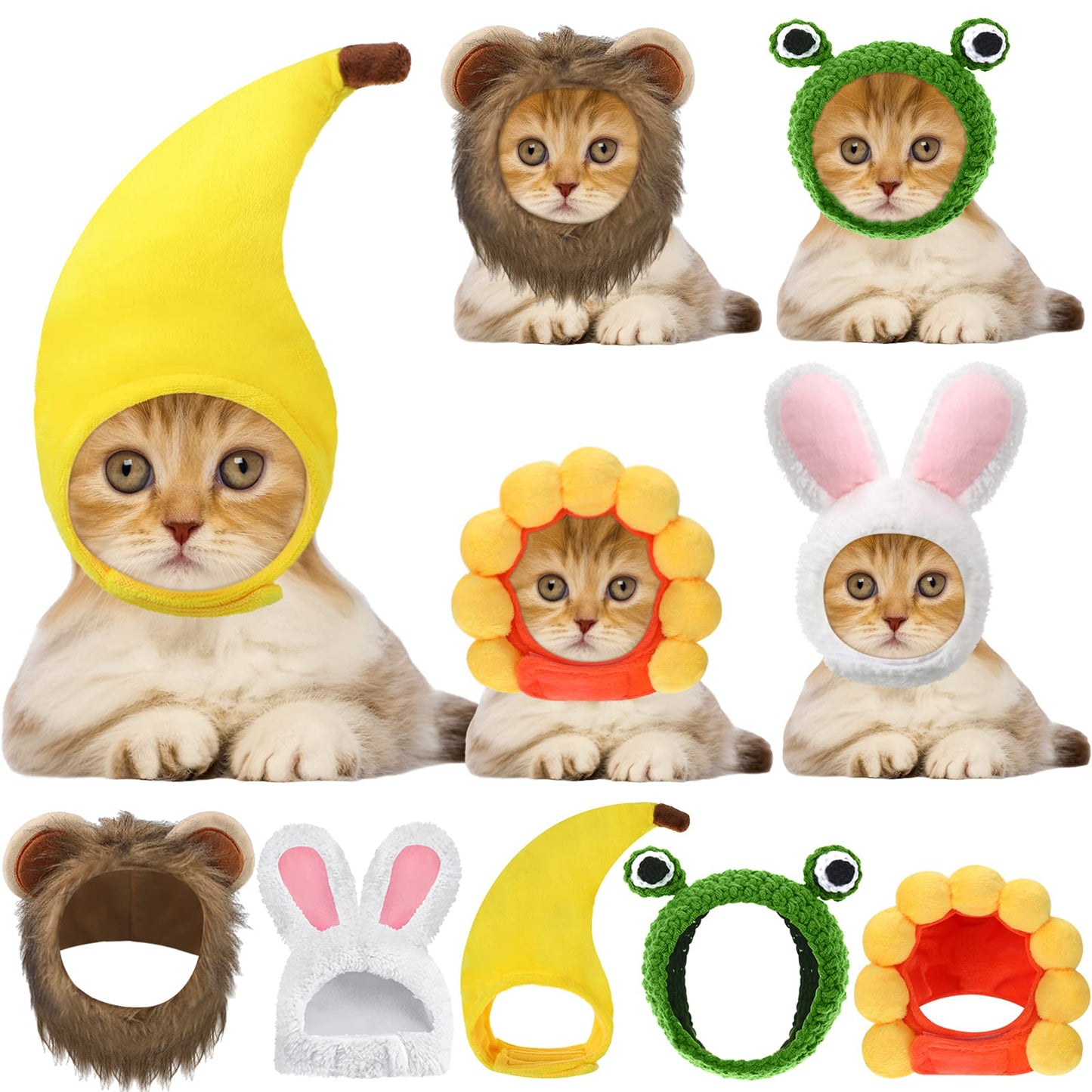 Weewooday 5 Pcs Cat Adorable Costume Bunny Hat with Ears Funny Mane Cat Hat for Pets and Small Dogs Kitten Puppy Party Costume Accessory Headwear(Lion, Frog, Rabbit, Sunflower, Banana)