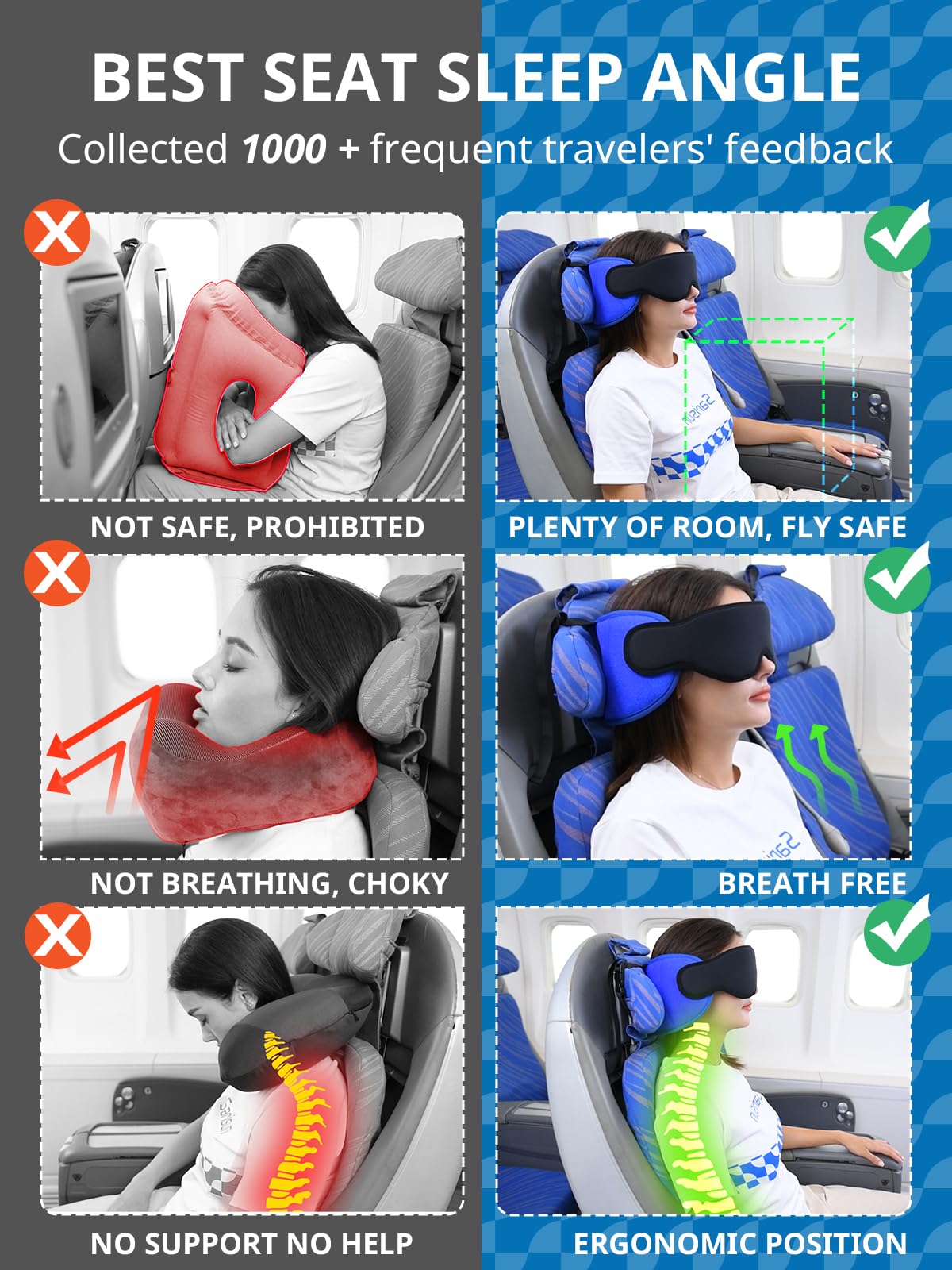 SARISUN Travel Pillow for Airplanes, Airplane Pillow with Eye Mask, Travel Pillows for Long Flight Sleeping, Travel Neck Pillows for Road Trip Car Headrest, Stop Bobble Head Neck Pain, Dark Grey
