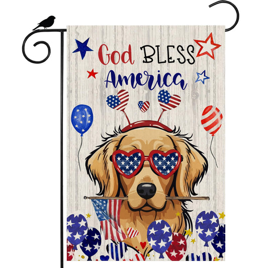ZAEW God Bless America Wood Cute Dog Balloons Stars Patriotic America 4th of July Memorial Day Independence Day Garden Flag Yard Flag 12x18 Inch Double Sided Small Mini Yard Outdoor Outside Holiday Decoration