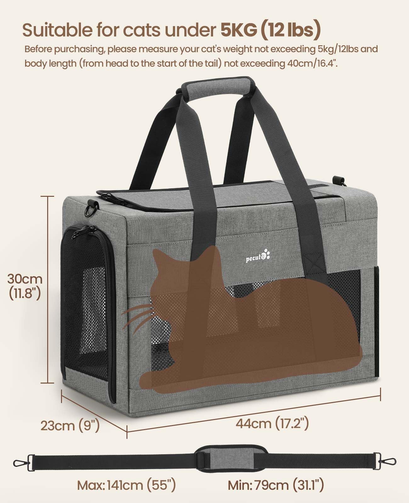 Pecute Cat Carrier, Pet Carrier Airline Approved, Portable Dog Carrier with Stable Structure, Breathable Mesh Fabric Bag for Pets, Gray Pet Carrier Suitable for Both Long and Short Trips