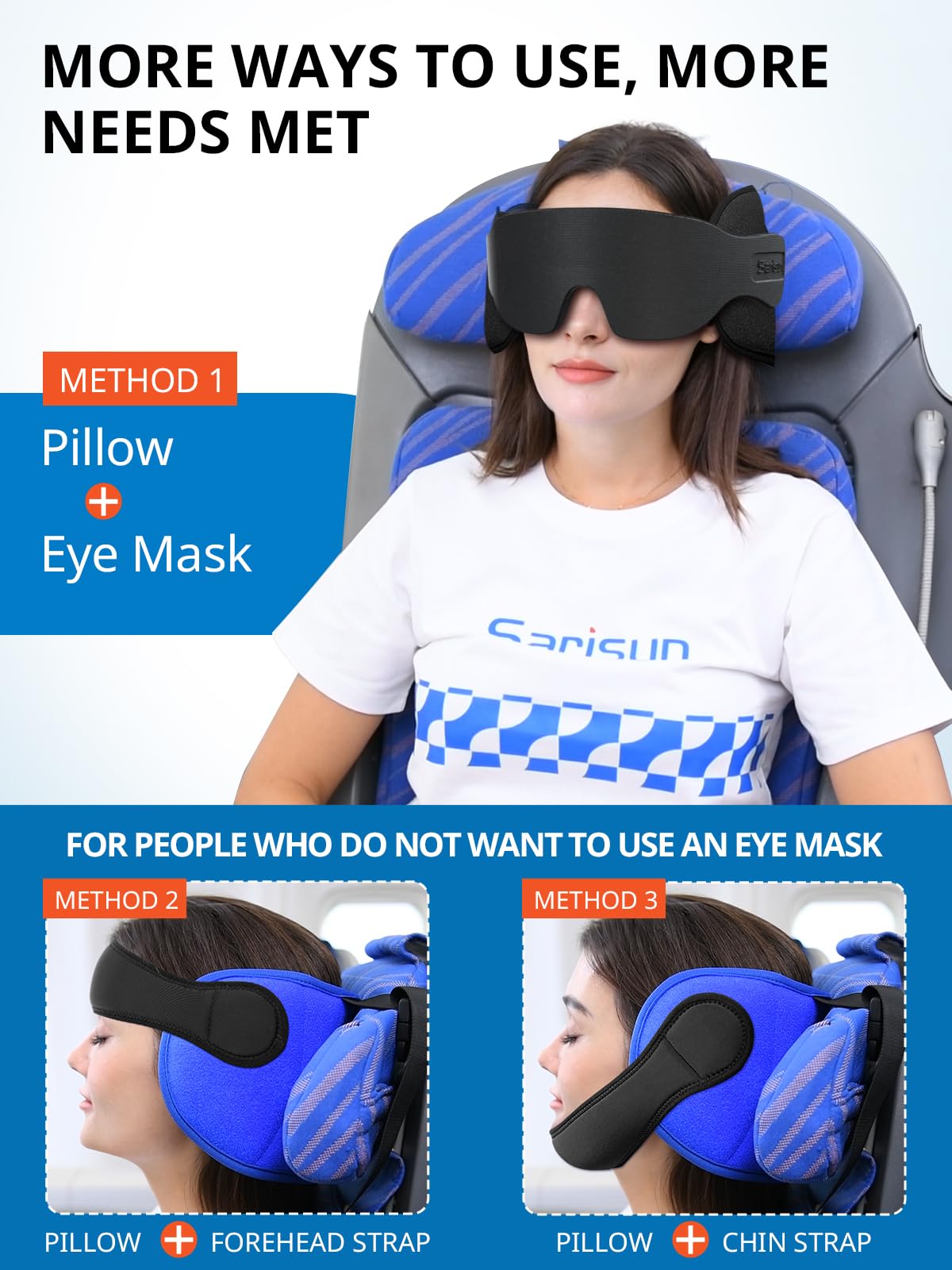 SARISUN Airplane Pillow Combo with Chin Strap, Travel Pillows for Airplanes with Sleep Eye Mask, Plane Pillow for Long Flights, Car Road Trip, 360° Headrest, Stop Bobblehead, Black