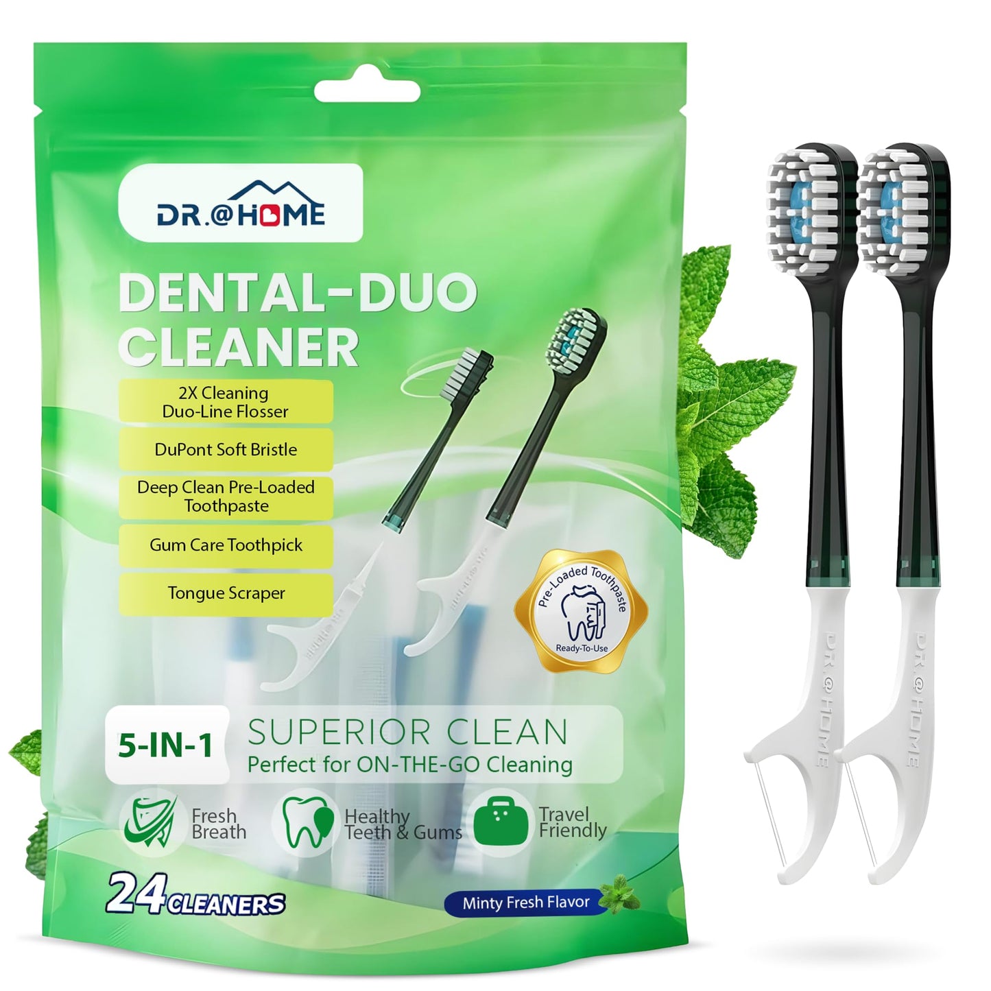 dr.@home Disposable Travel Toothbrush on the go, Oral Care Set, Prepasted Mini Toothbrush 5 in 1 (Mint Paste+ Soft Bristles+Flosser+Pick+Tongue Scraper) | Individually Wrapped 24 Count - 1 Pack