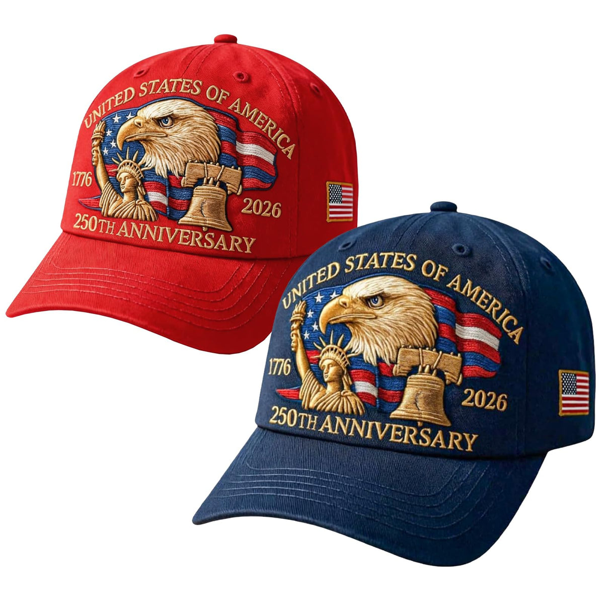 2-Pack 250th Anniversary USA Hat Bald Eagle Embroidery Patriotic Baseball Cap 1776-2026 Liberty United States Patriotic Hat Eagle Patriotic Cap for Men Women(Navy Blue+Red)