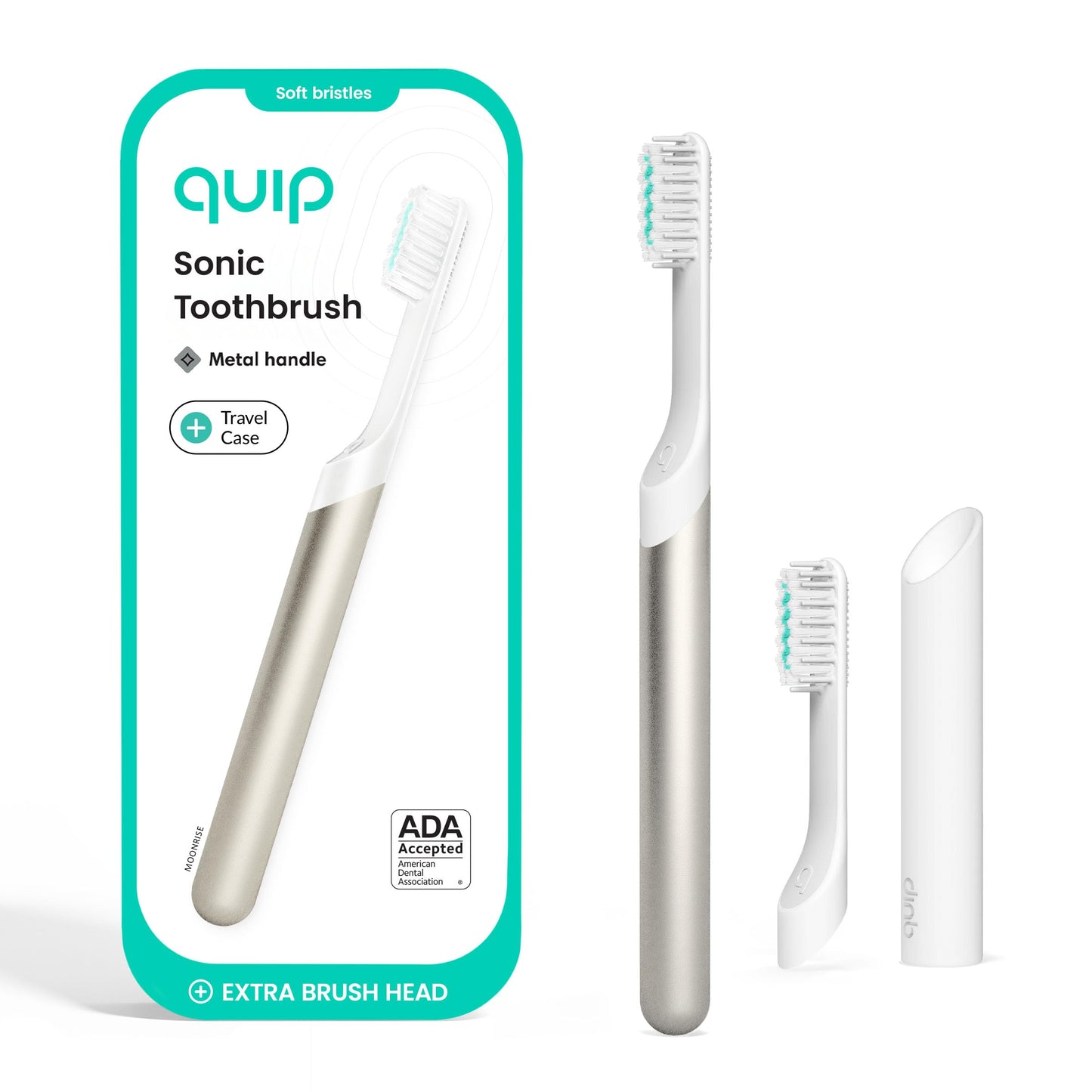 Quip Metal Sonic Electric Toothbrush for Adults - Time Travel & Soft Bristles with Travel Case & Replacement Brush Head - 3 Month Battery Life, Moonlight Champagne